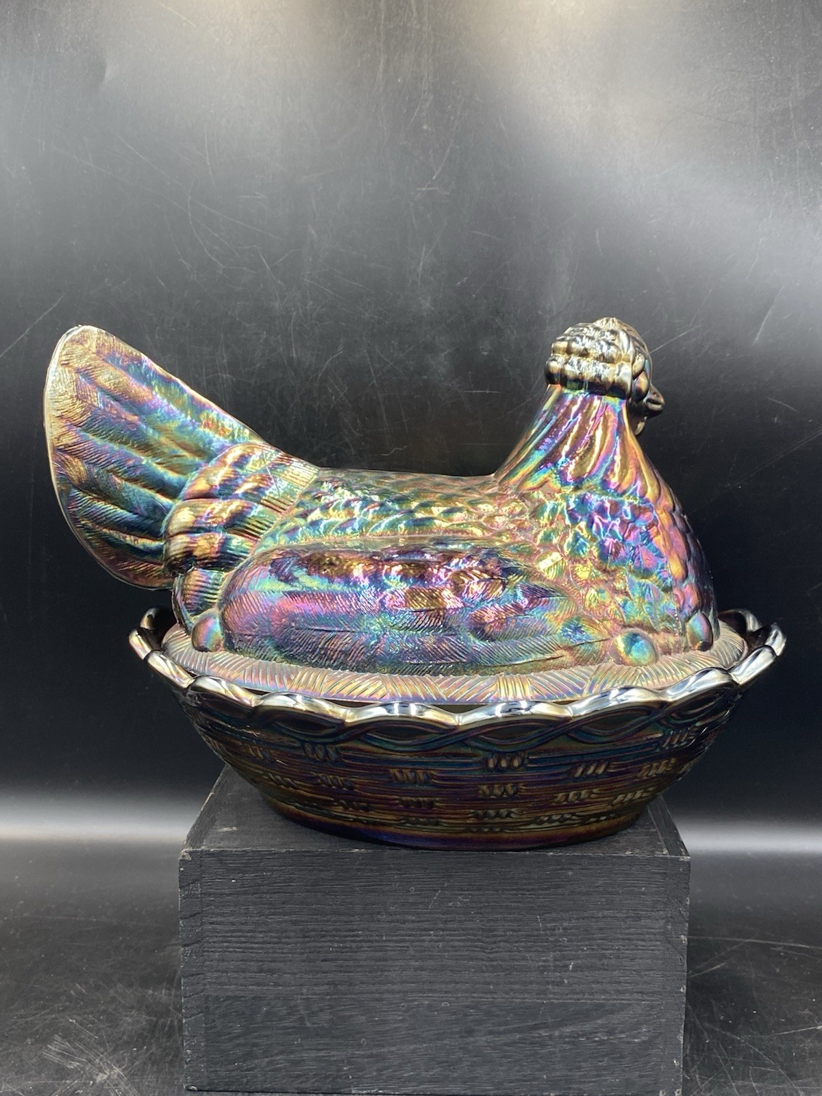 1970’s Large Fenton Amethyst Carnival Glass Hen On Nest With Original Sticker
