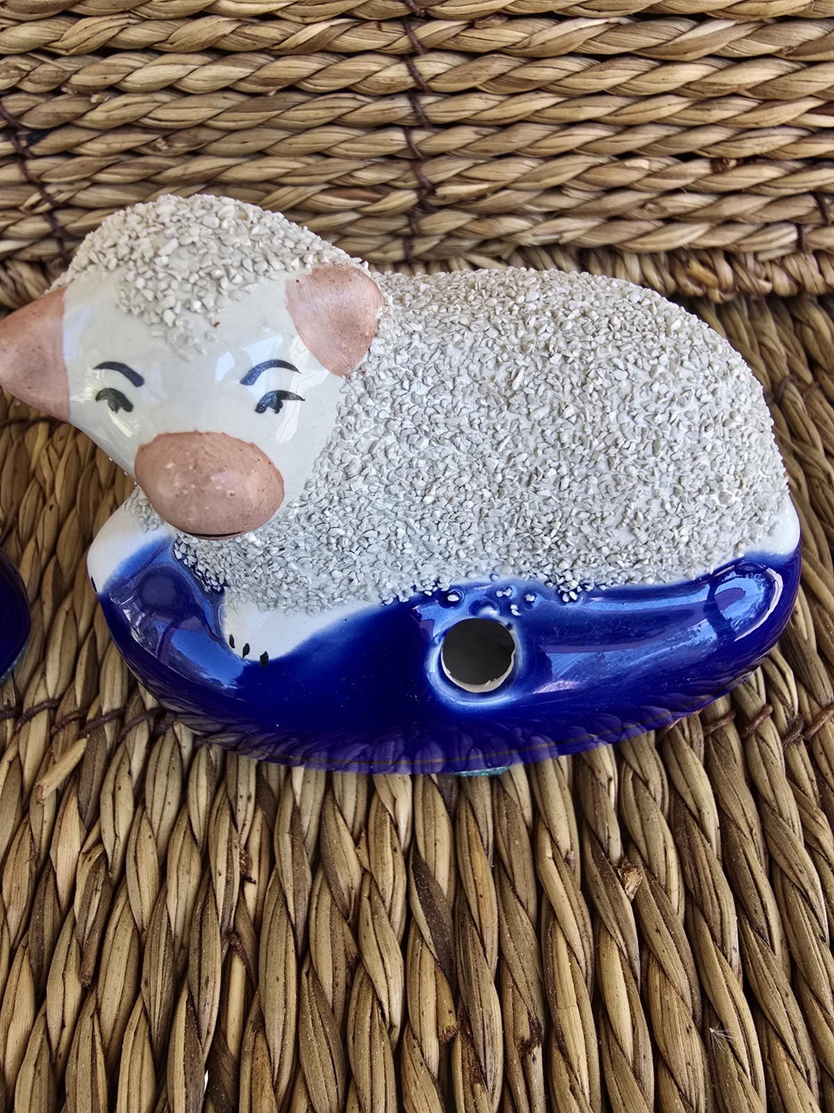 Staffordshire Victorian 3.25” Sheep Pen Stand Ink Well Figurine w/Confetti Coat
