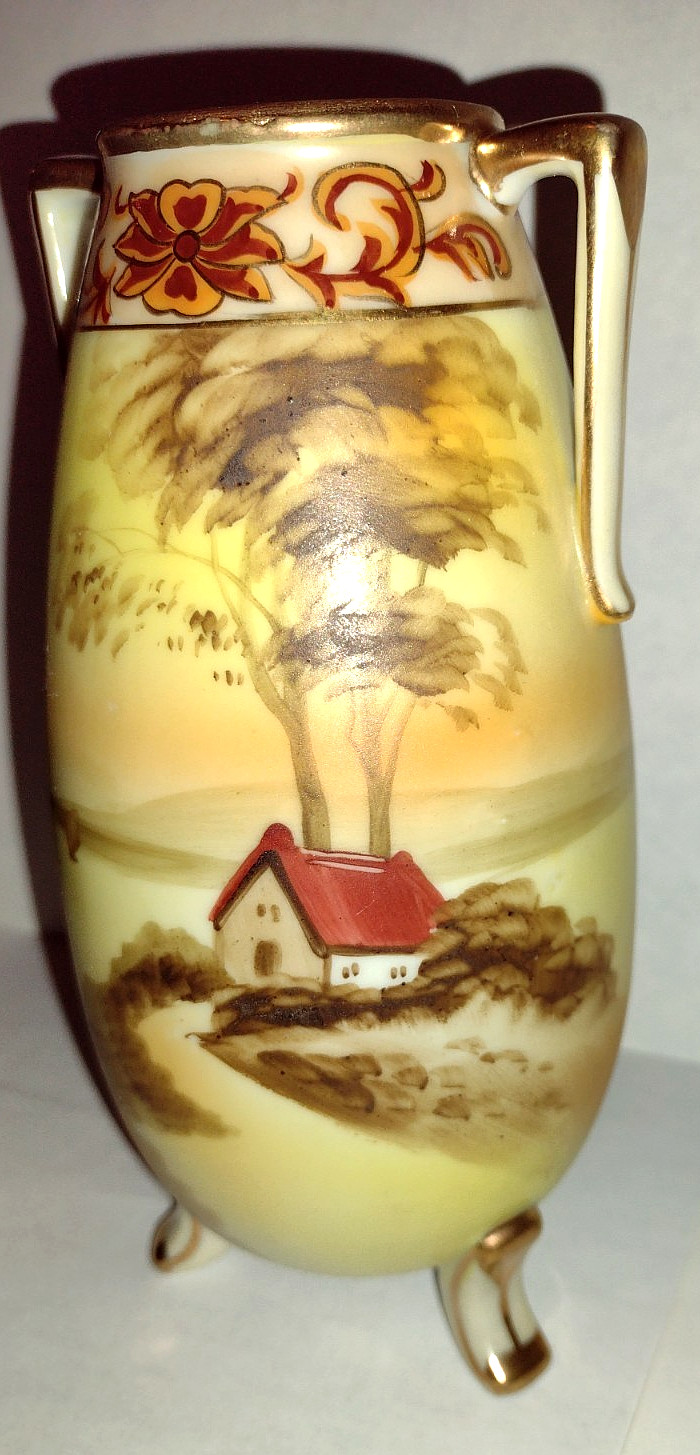 Nippon Hand Painted Double Handle Vase Cottage Cabin Footed Scene
