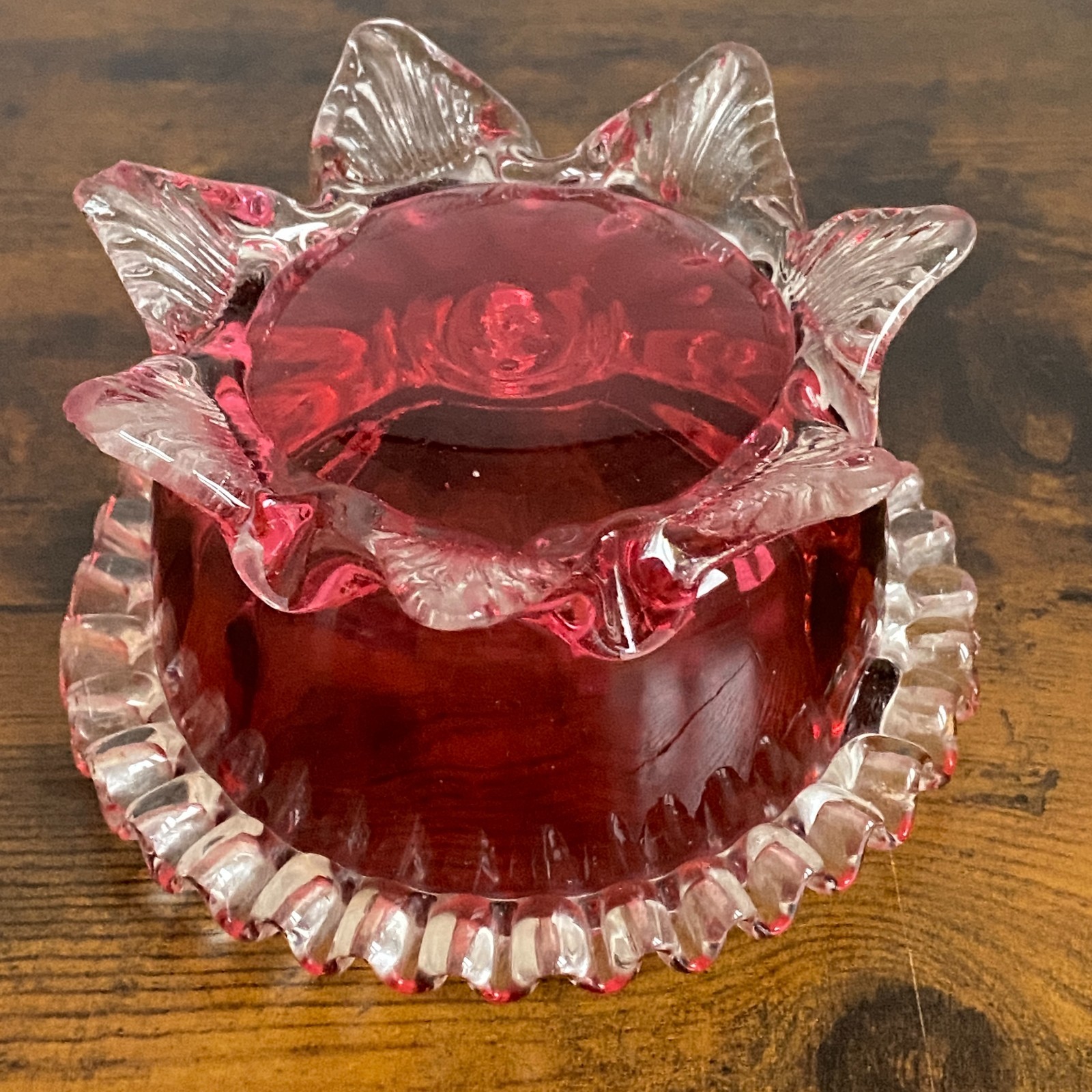 Antique Victorian Leaf Footed Cranberry Glass Candy Bowl Ruby Trinket Dish 14cm