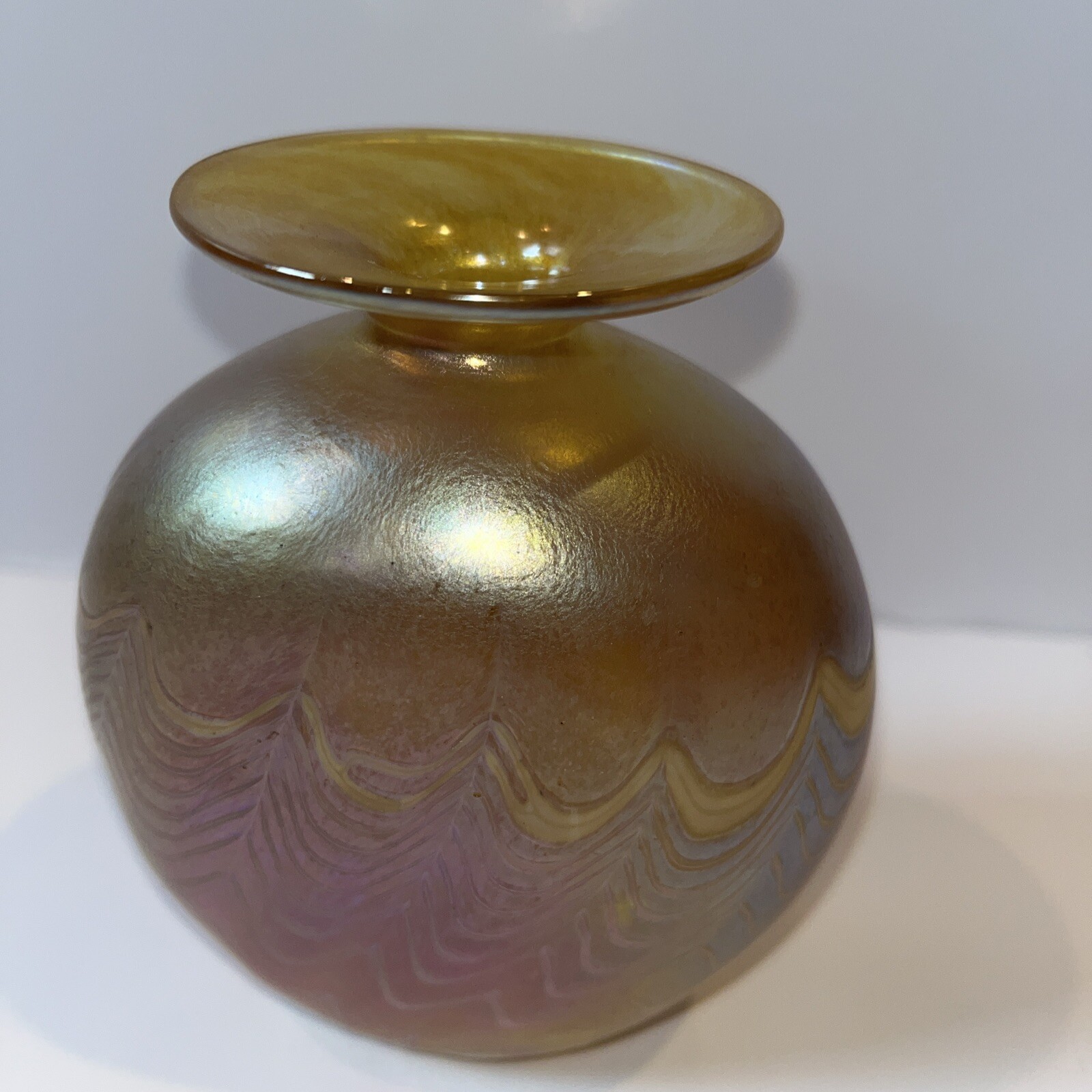 Vintage Art Glass Vase Signed Robert Held Yellow Purple Iridescent 4.5” Canada