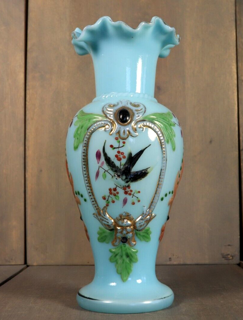 Antique French Blue Opaline Vase Glass Enameled Bird Victorian -Ships DDP to USA