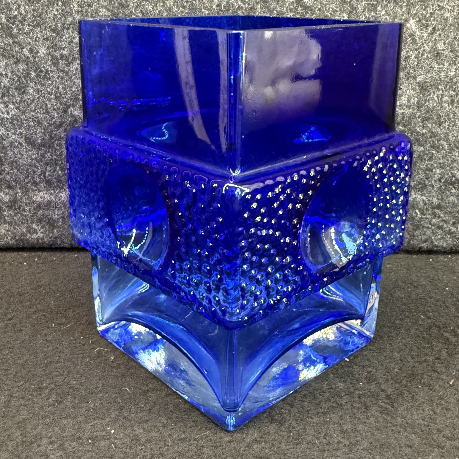 Vintage Sea Glasbruk Glass Block Vase Rune Strand Kosta Boda Cobalt Blue MCM