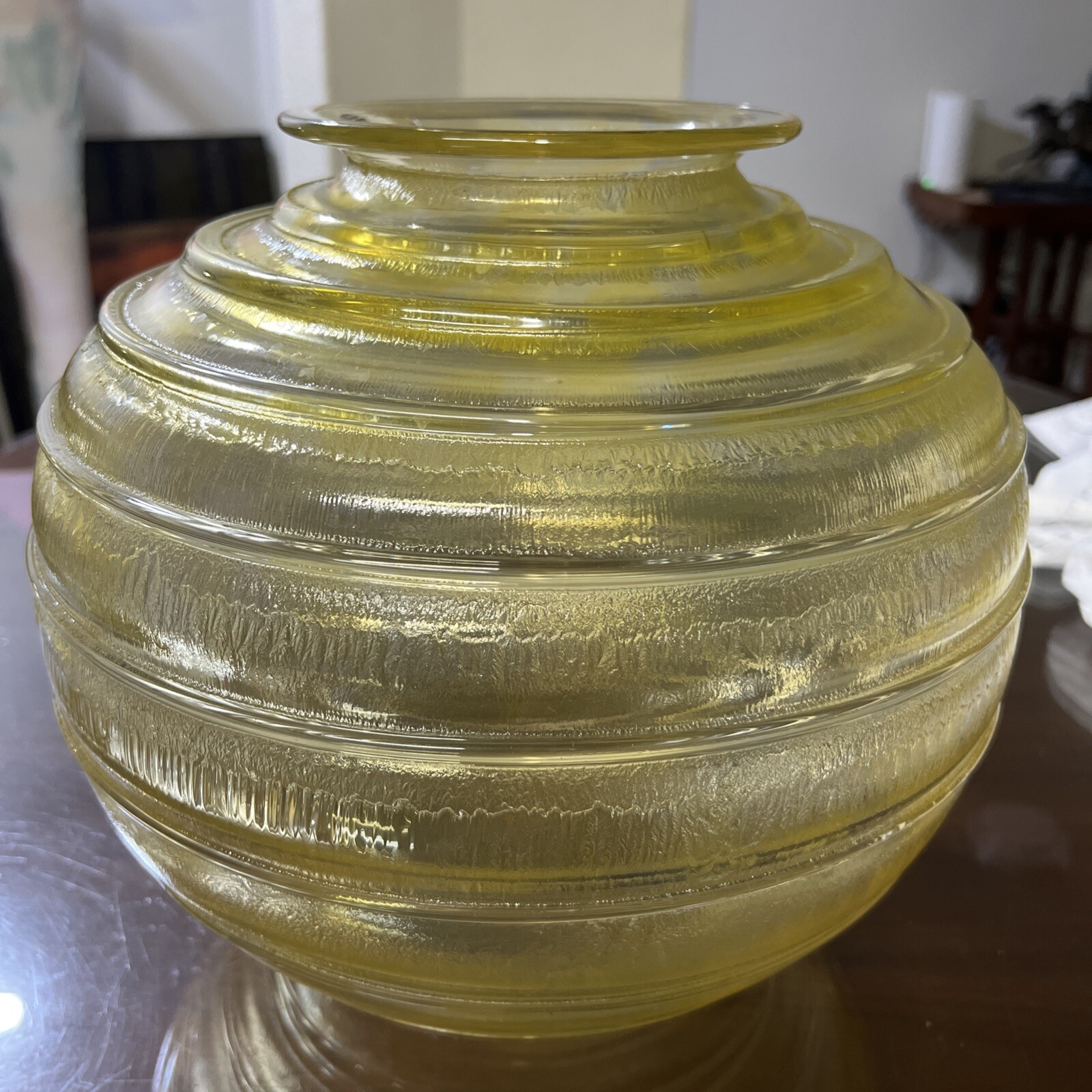Huge Daum Nancy Art Deco Etched Citrine Spherical 10.5” H, 12” D .Marked