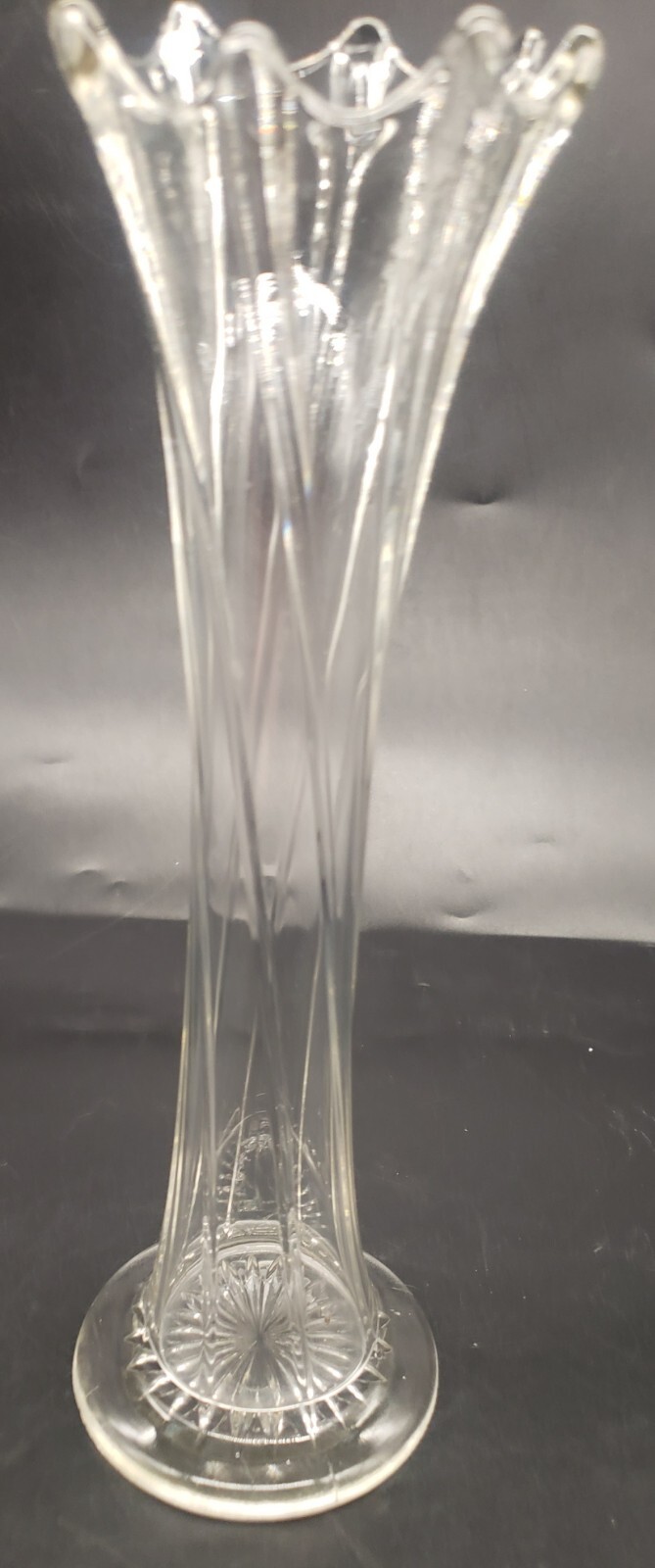 Antique 1910s Dugan Spiralex Clear Swung Glass Vase 11.5 Inches Tall