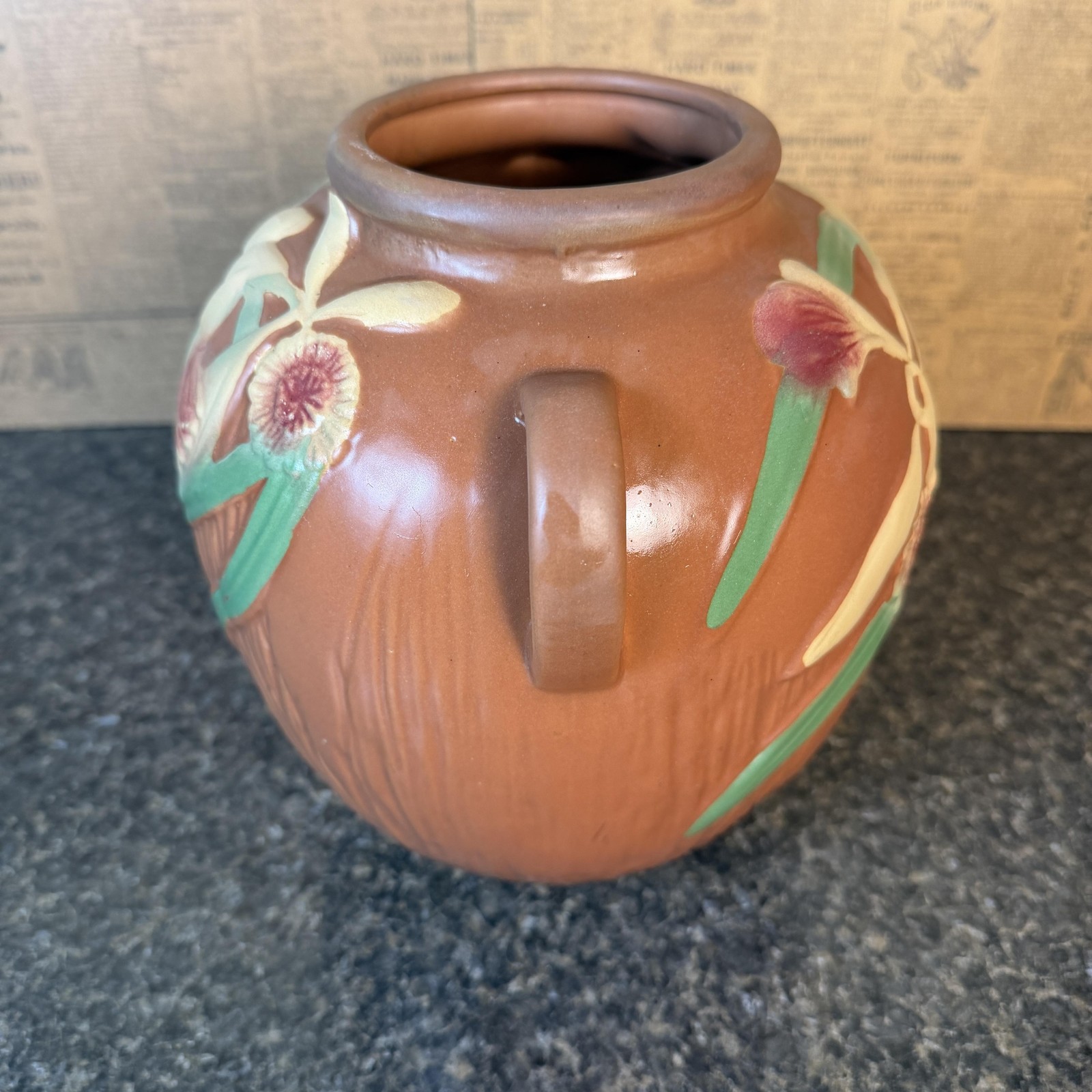 Vintage Pottery Orchid Two Handle Vase Brown Green Pink Art Deco