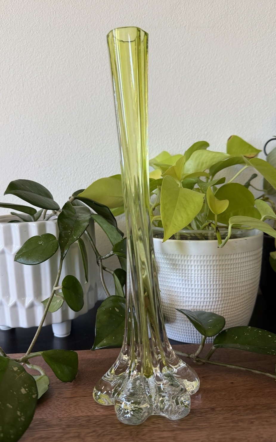 Vintage Lime Green Hand Blown Art Vase | 13” Mid Century Modern Glass Vase
