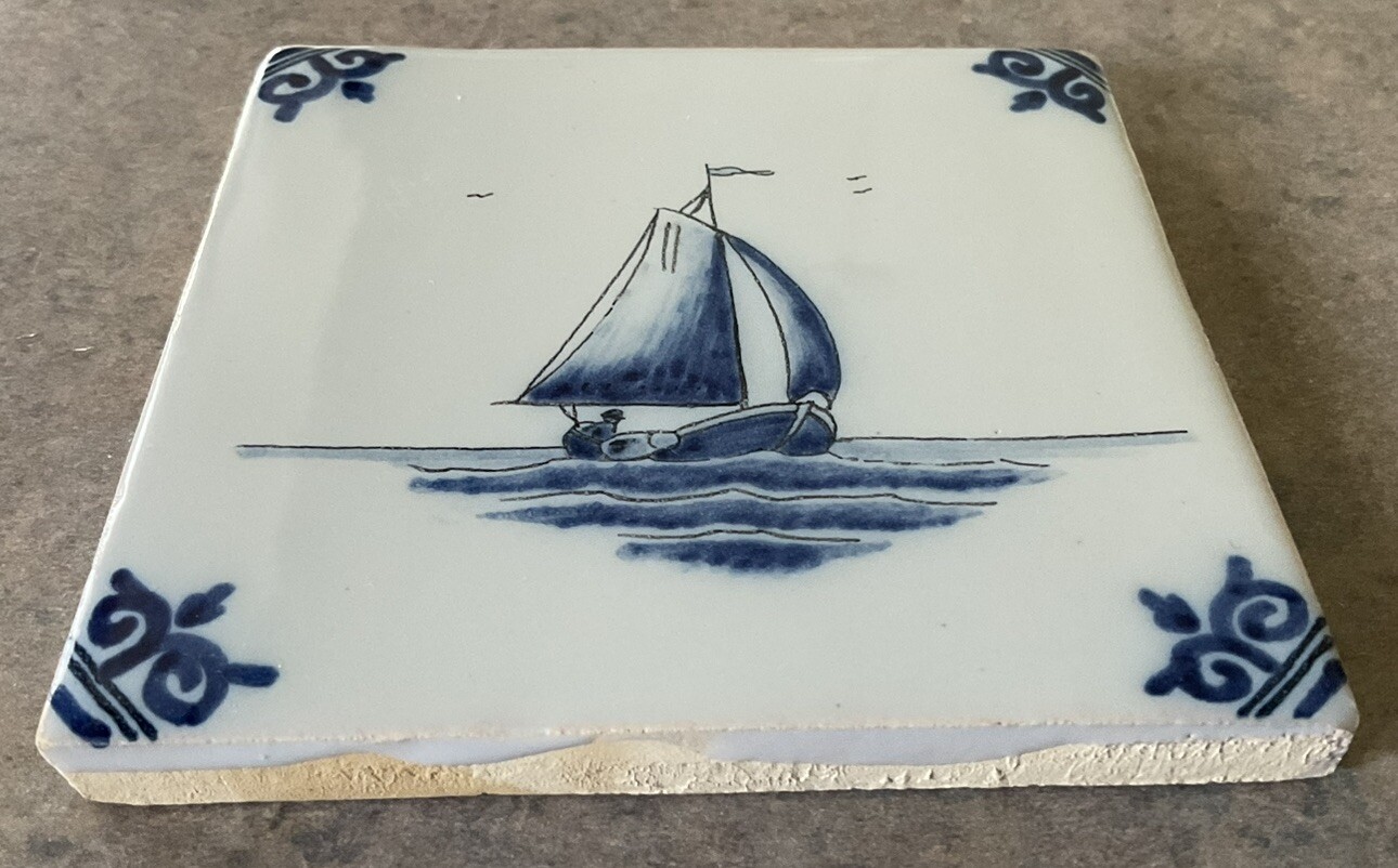 MAKKUM :: Vintage 4” Sq NAUTICAL SHIP STUDIO ART TILE Delft Marked HOLLAND