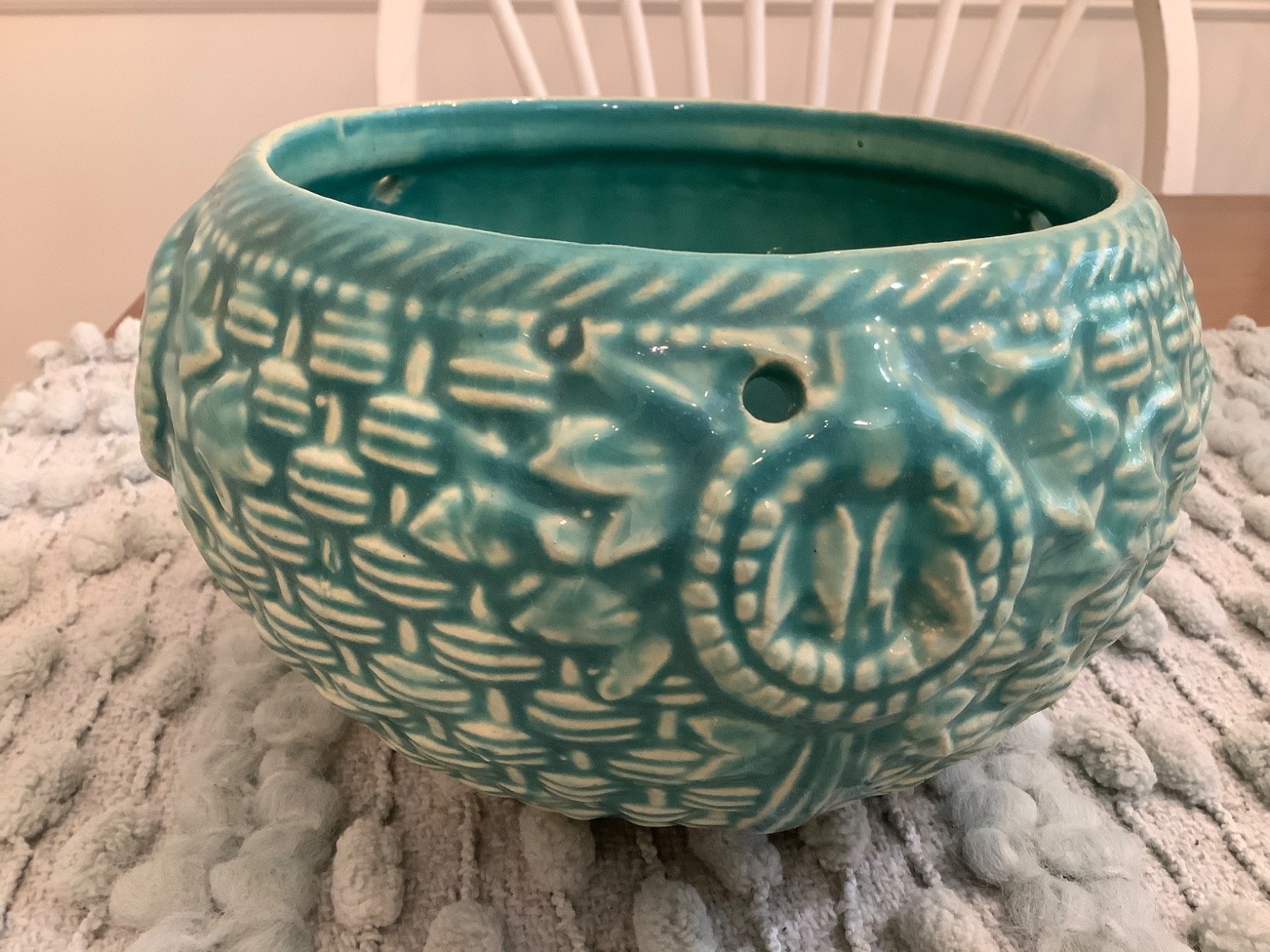 Vintage McCoy Green Basket Weave Planter Hanging Great Cond. 7.25″ x 4.5”. T10