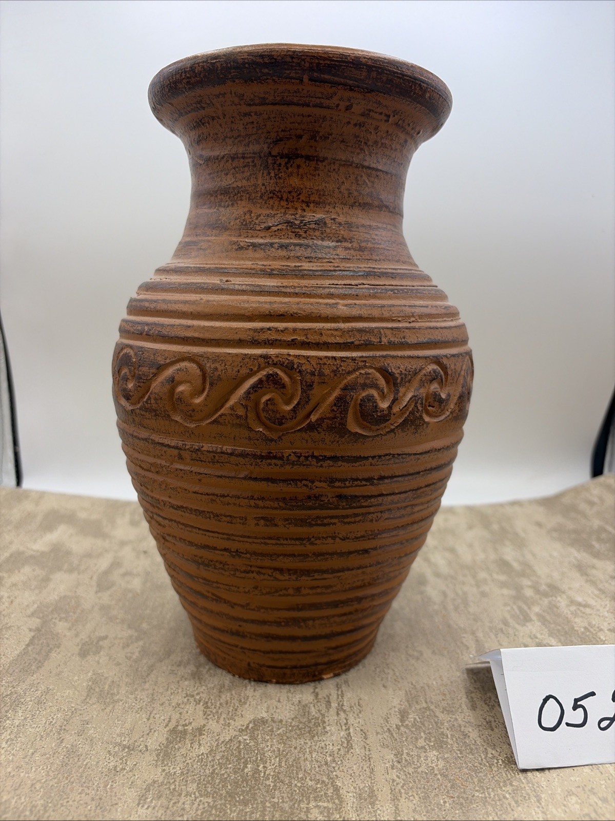 Vintage Hand Thrown Clay Vase With Wave Patterns And Rustic Brown Finish