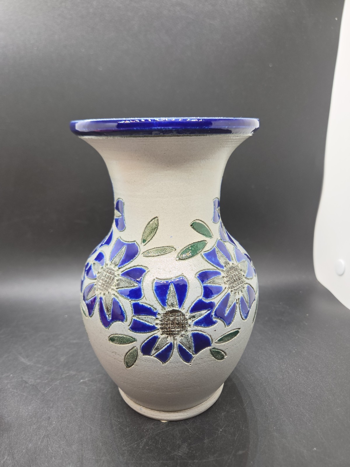 French Betschdorf Salt-glazed Stoneware Vase Alsace Hand Painted Cobalt 6.75″