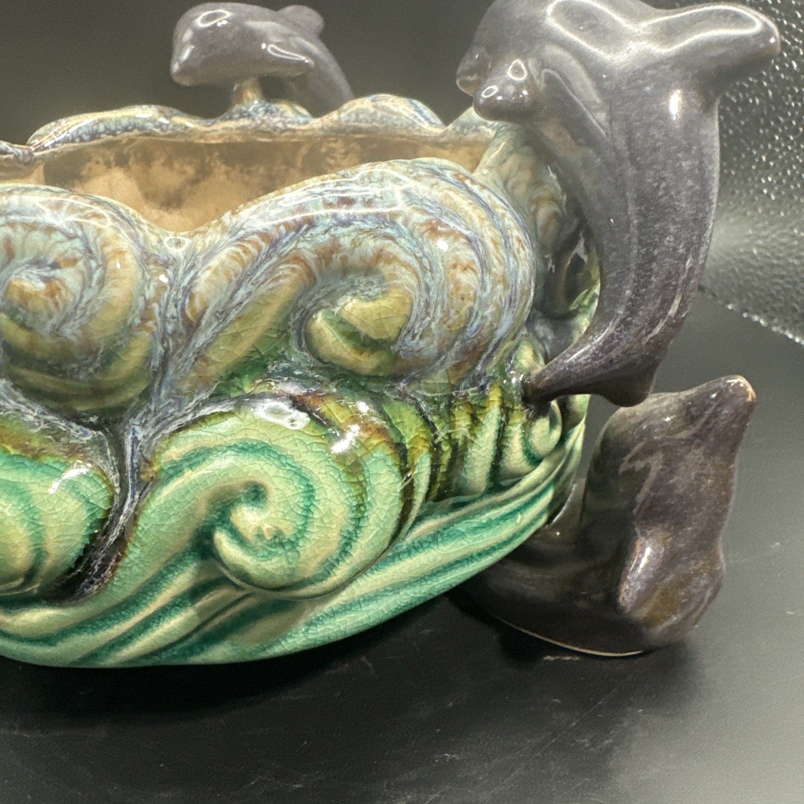 Majolica Pottery Dolphins Jumping On Waves Footed Planter 7×4.5 Inches