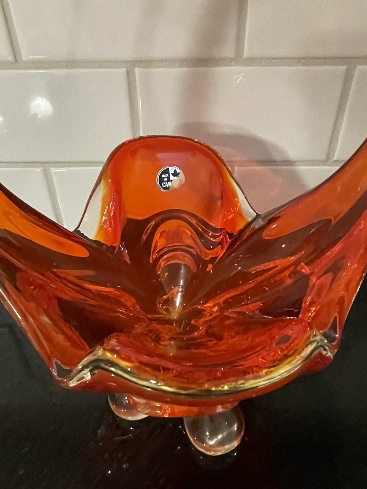 Vtg 60s-70s MCM Chalet Glass Basket Orange Art Glass Canada 15” Original Sticker