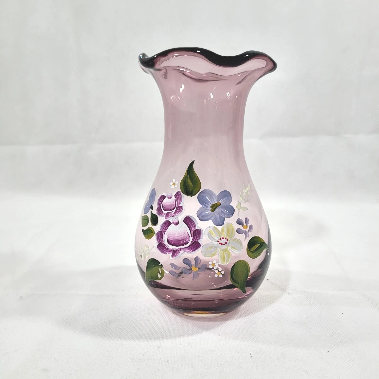 Handblown And Handpainted Translucent Pink Lavender Floral Vase unsigned