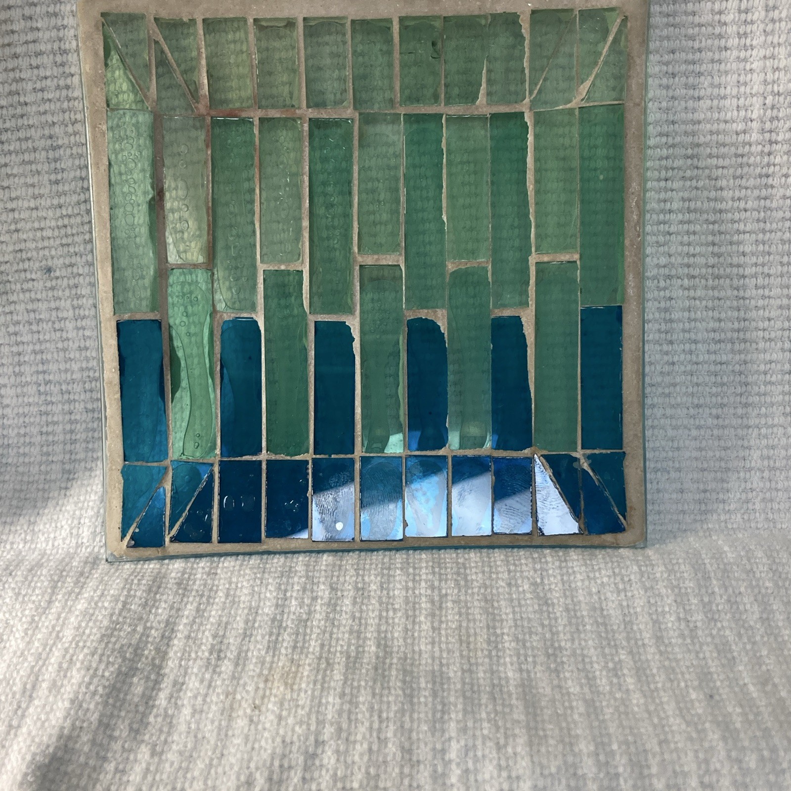 Green & Blue Stained Glass 5×5 inch – Abstract Geometric, Framed Translucent