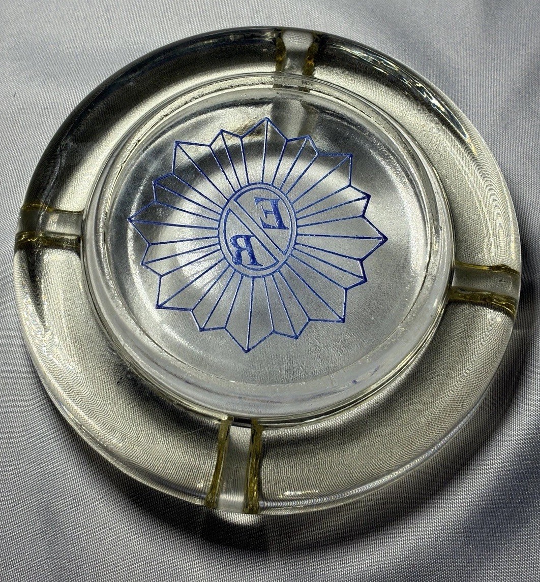 Heavy, Clear Glass Drop-In Ashtray With Blue E R In Compass Rose/Starburst Logo
