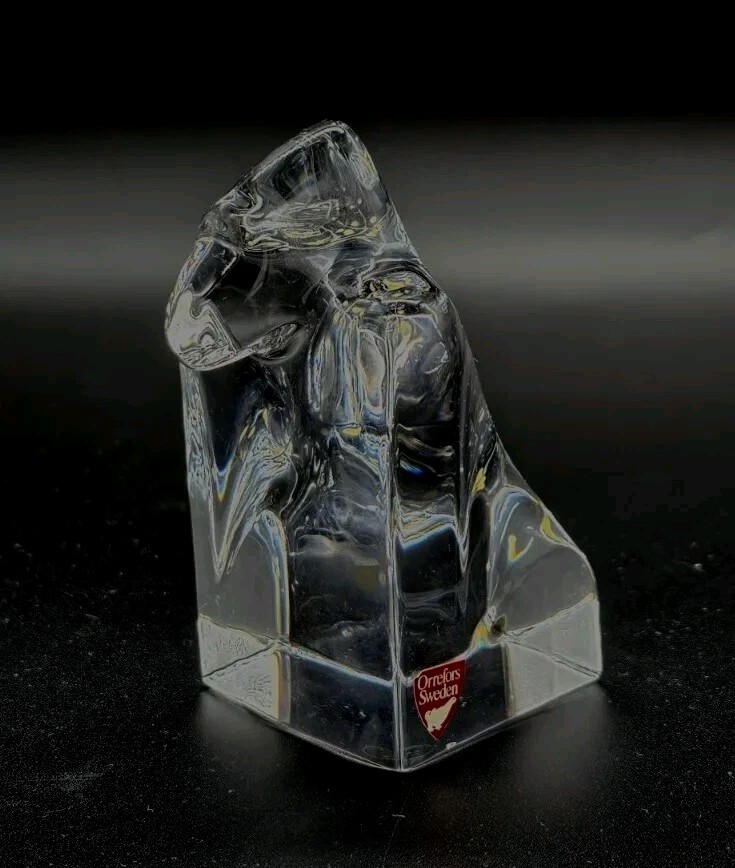 Orrefors Sweden Crystal Cubist Gorilla Figural Paperweight *Signed w/ Label 4″