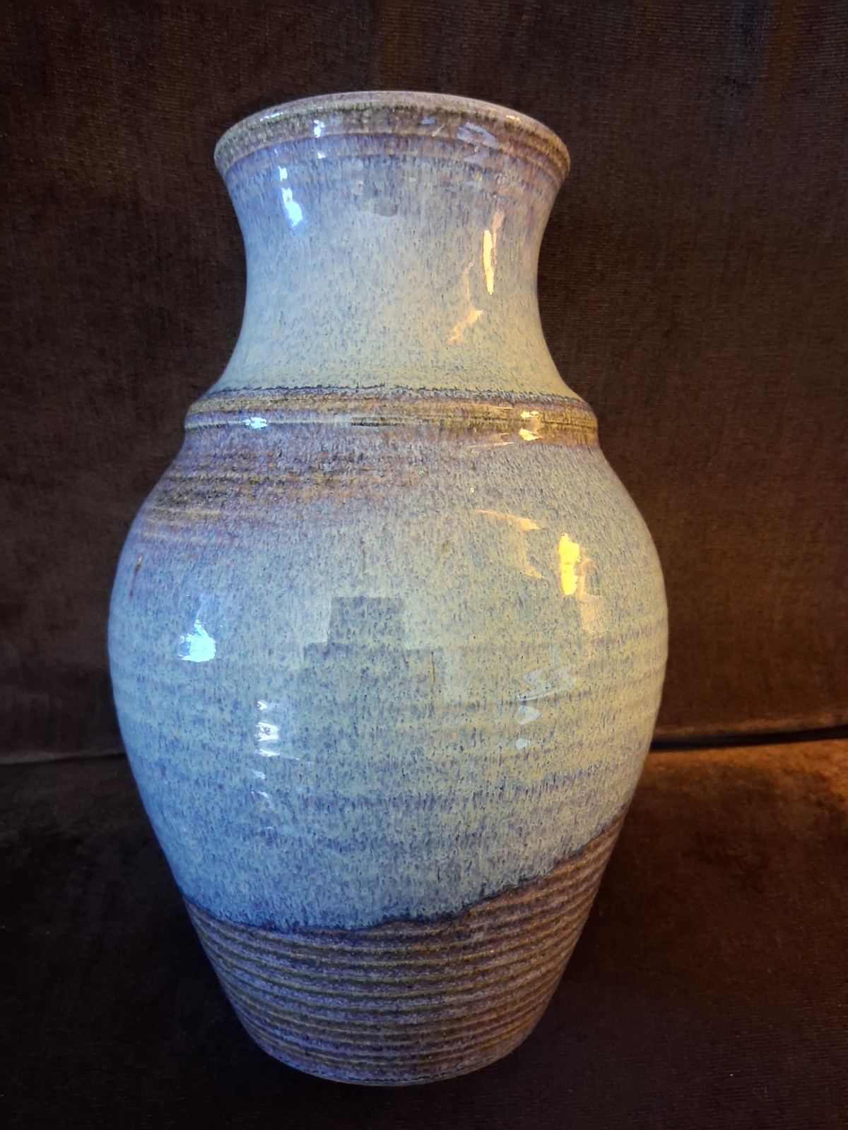 Ceramic Vase by Candoza, Blue and Gray, Glazed 9.5 inches Tall, Signed.