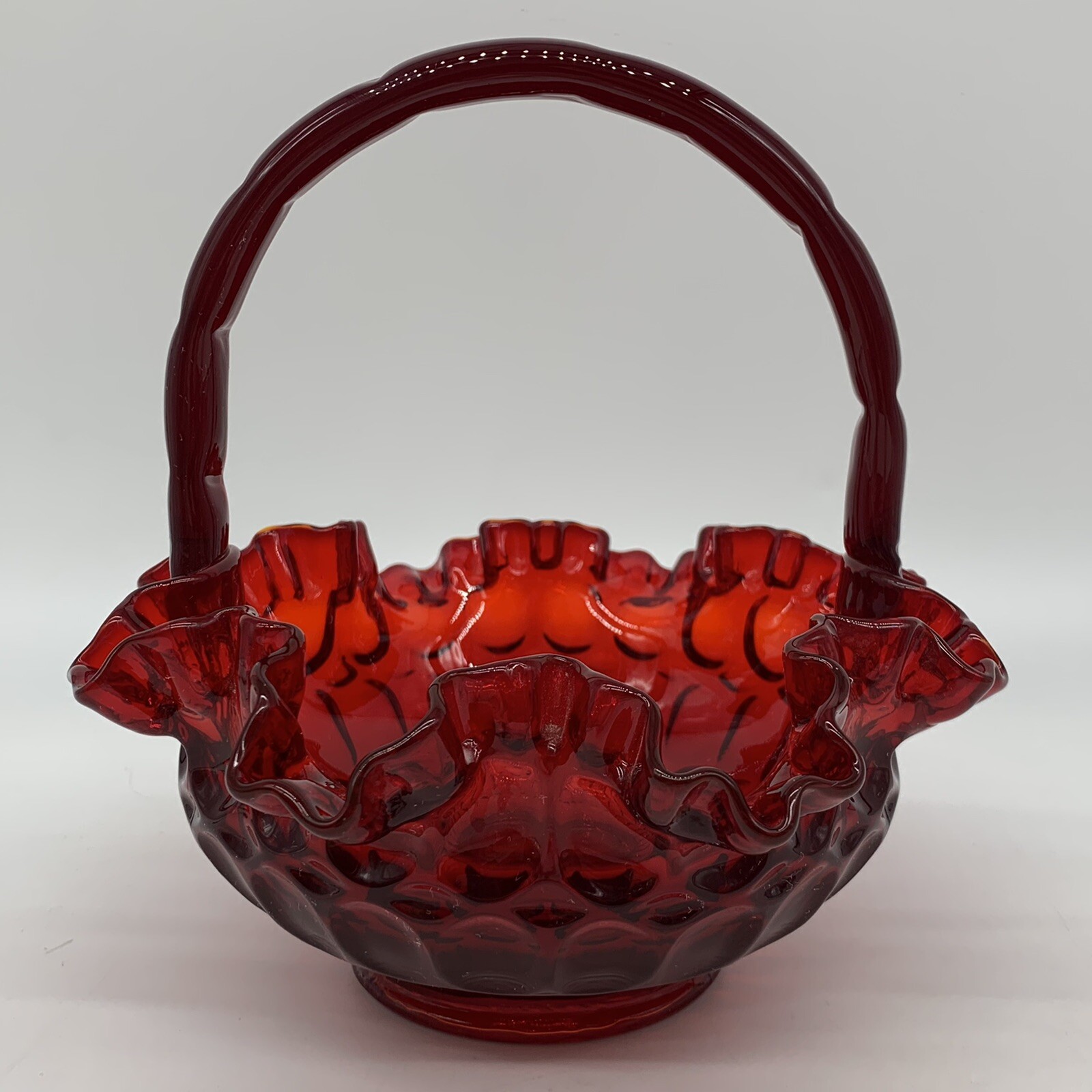 VTG Fenton Red Cranberry Glass 7.5″ Candy Basket w/ Ruffled Rim & Thumbprint