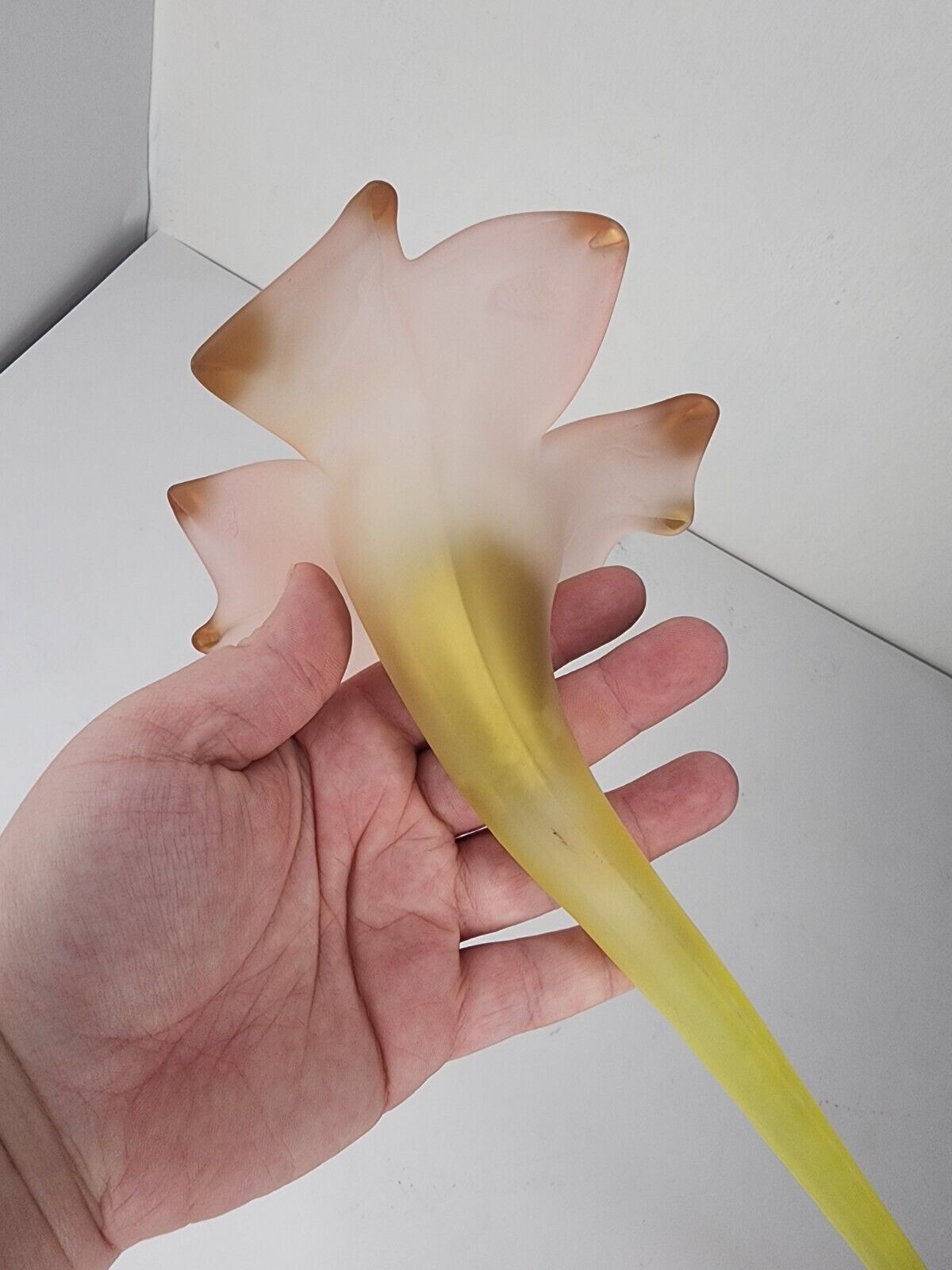Long Frosted Yellow Pink and Gold Hollow Art glass flower 20 1/2”