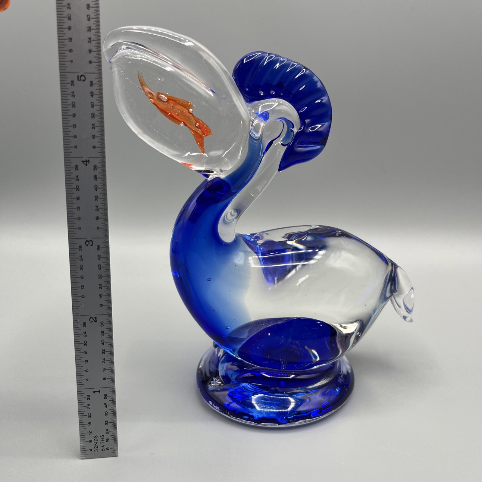 Vtg Cobalt Blue Blown Art Glass Murano Style 6″ Pelican w Gold Fish In Mouth