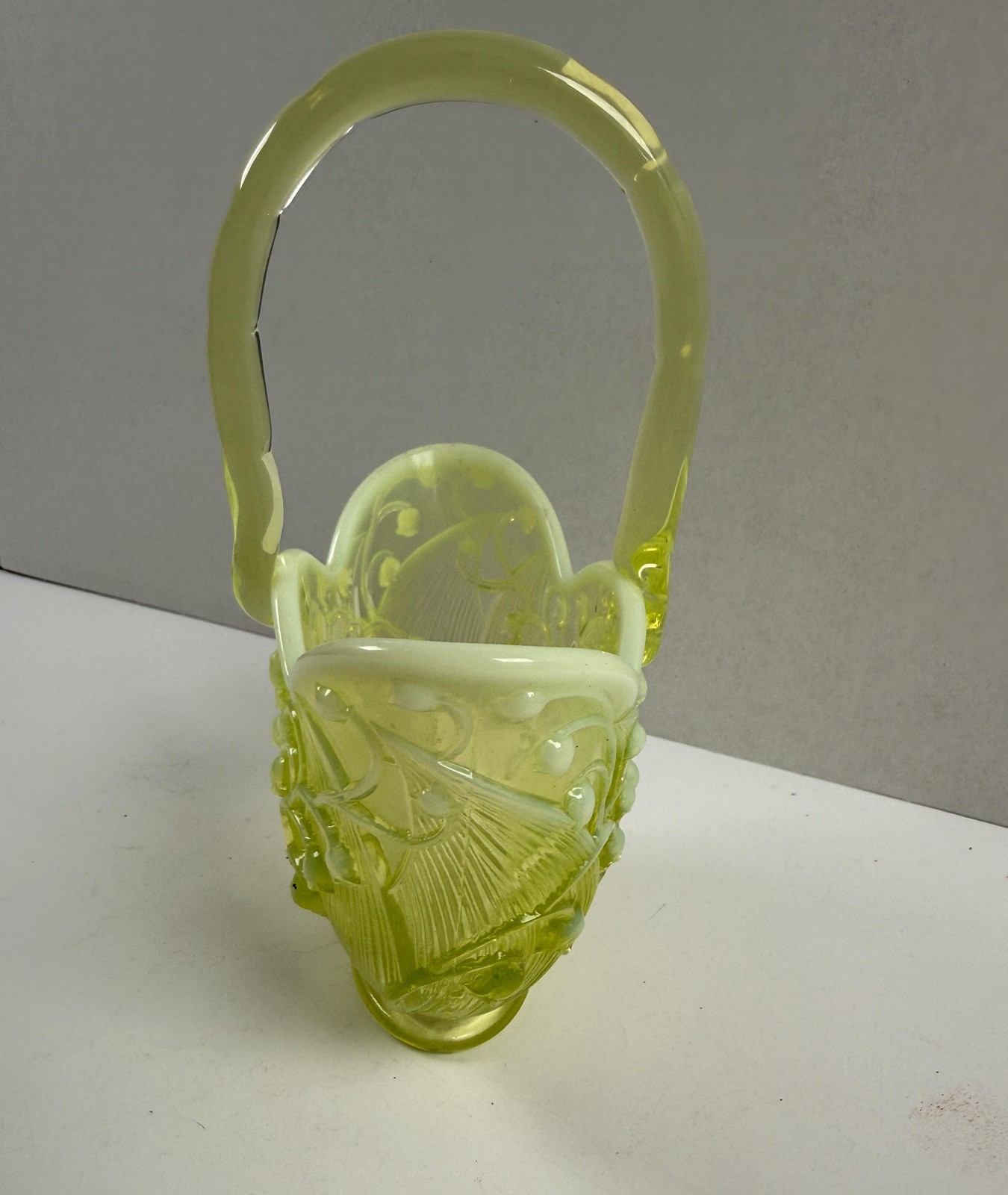 Vintage Fenton Vaseline Yellow Glass Decorative Basket Handle Lily of Valley