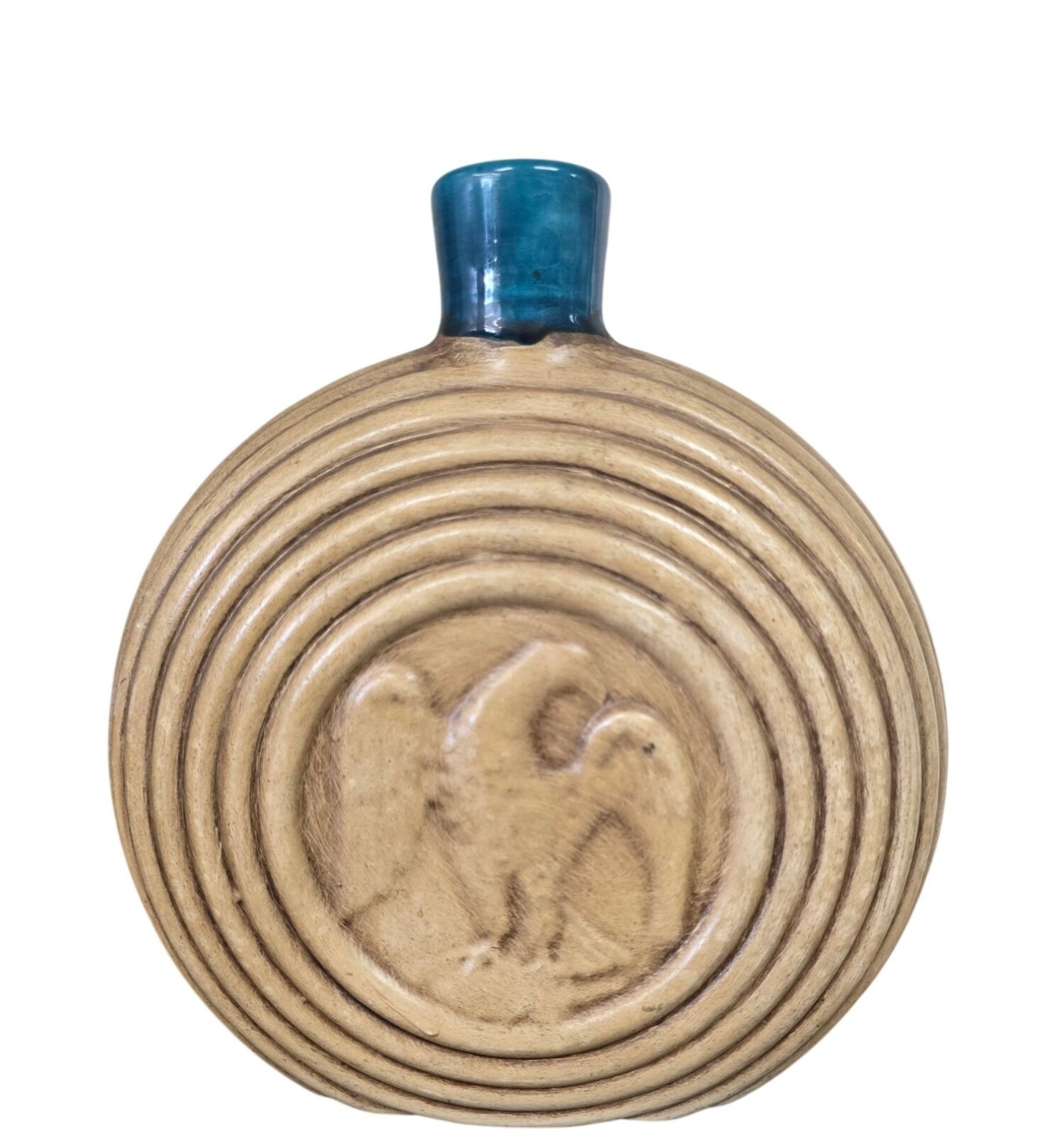 Round Ribbed Ceramic Vase Teal Blue Glaze Neck Eagle Beige Flask