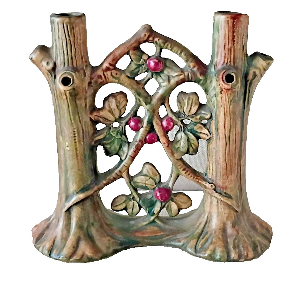 ANTIQUE 1920s WELLER WOODCRAFT APPLE TREE DOUBLE BUD GATE VASE MINT