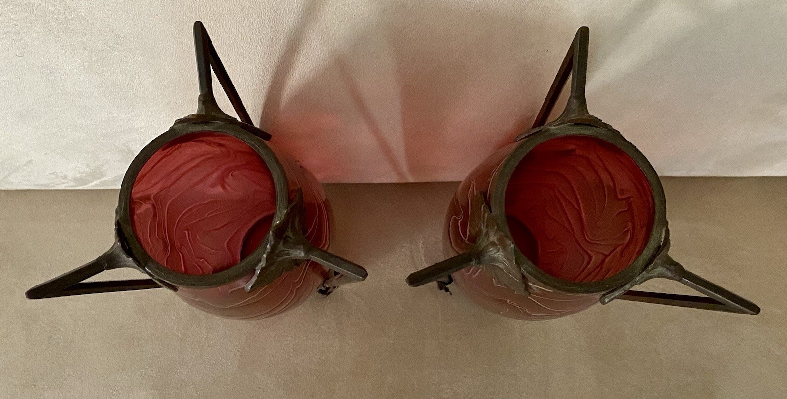 Art Nouveau Bohemian Kralik Loetz Ruby Iridescent Glass Bronze Vases Pair 11.5”