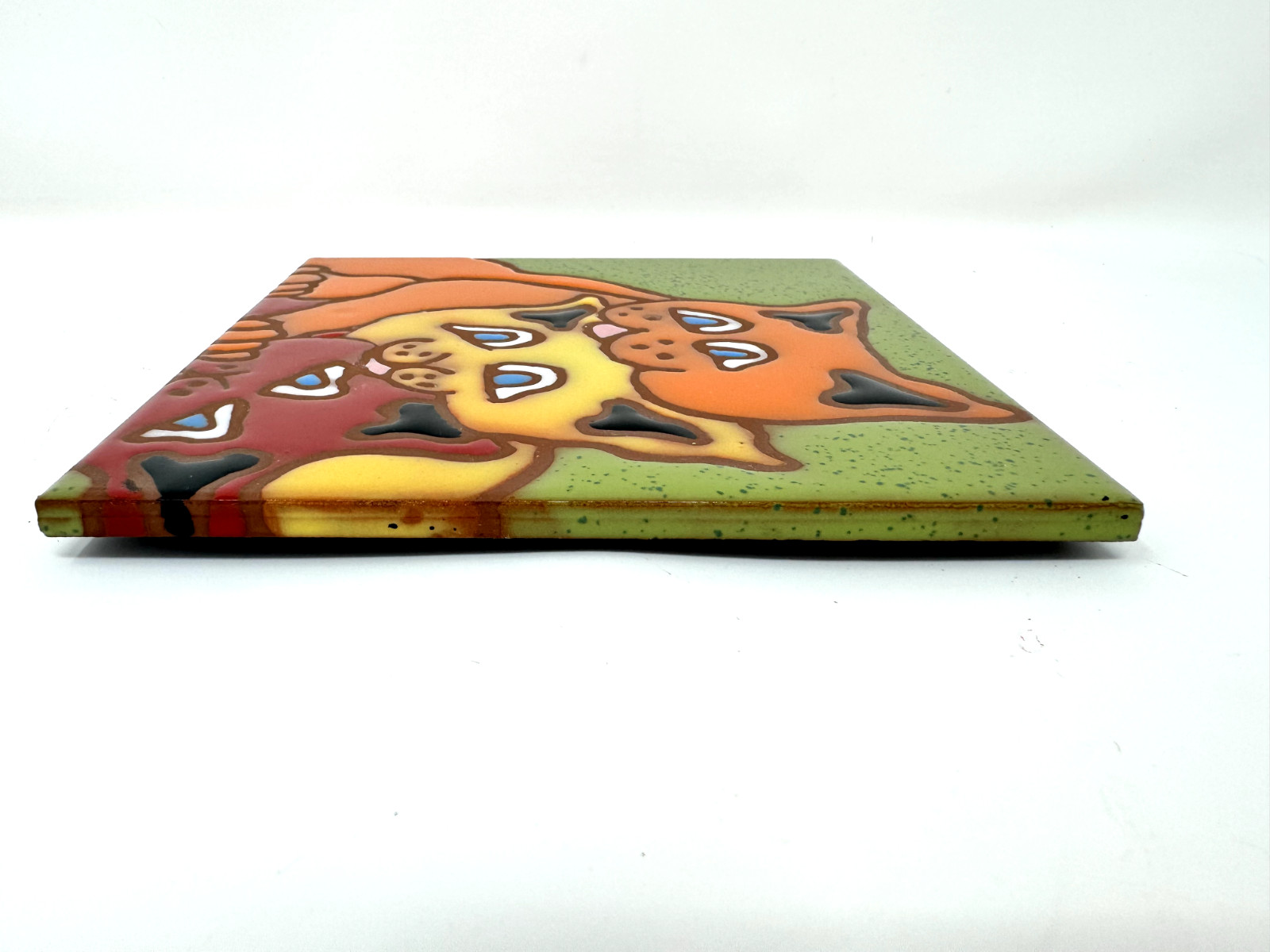 Vintage Cats Folk Art Tile Ceramic Trivet Kathy Waller Hand Painted 6×6″ Italy