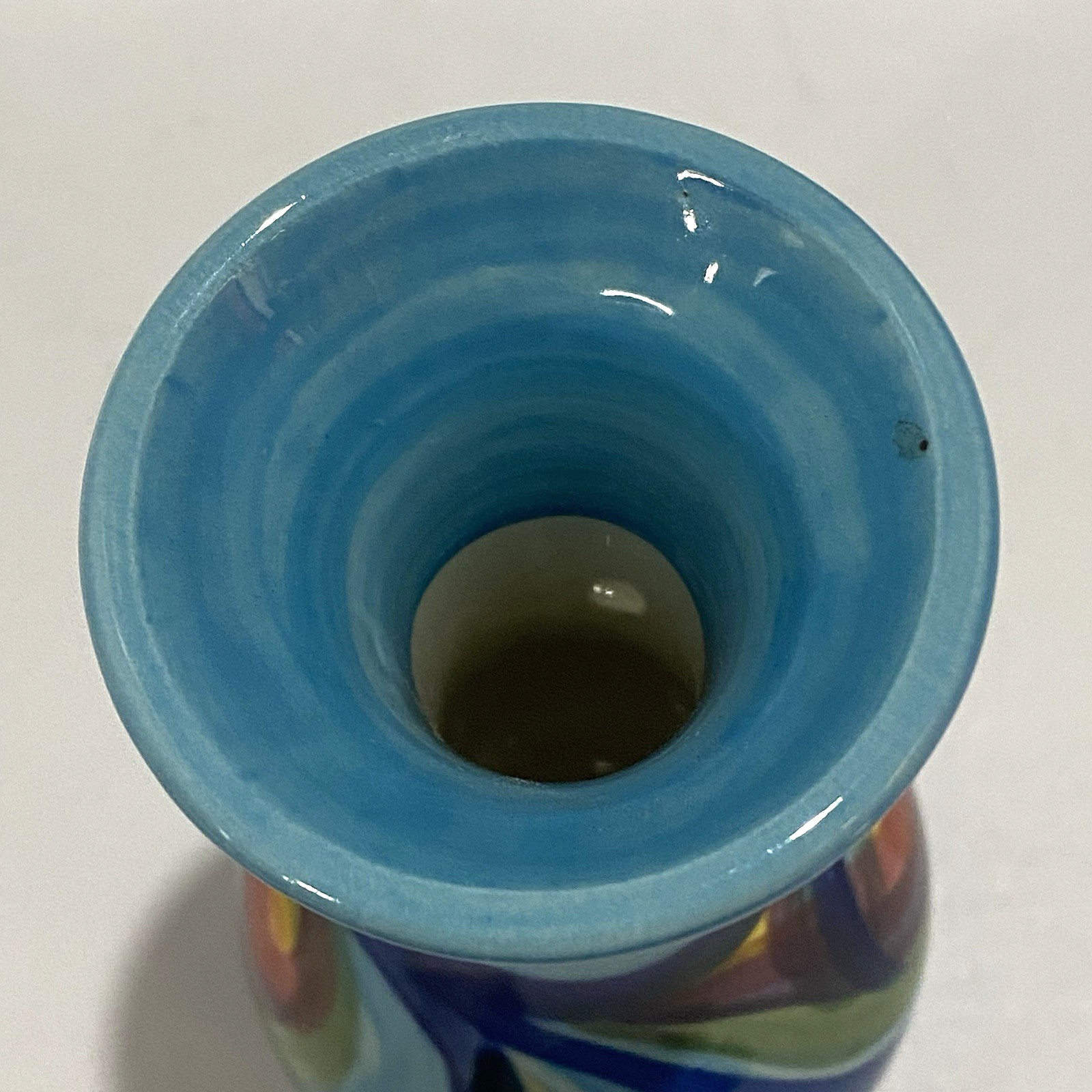 Gail Pittman Hand Painted Art Pottery Bud Vase Signed Multicolor Blue Swirl 6.5″