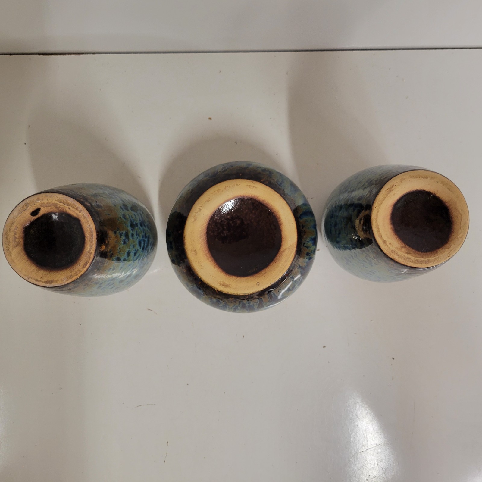 Lot of 3 Ceramic Vase Planter Set With Blue & Brown Glaze Finish