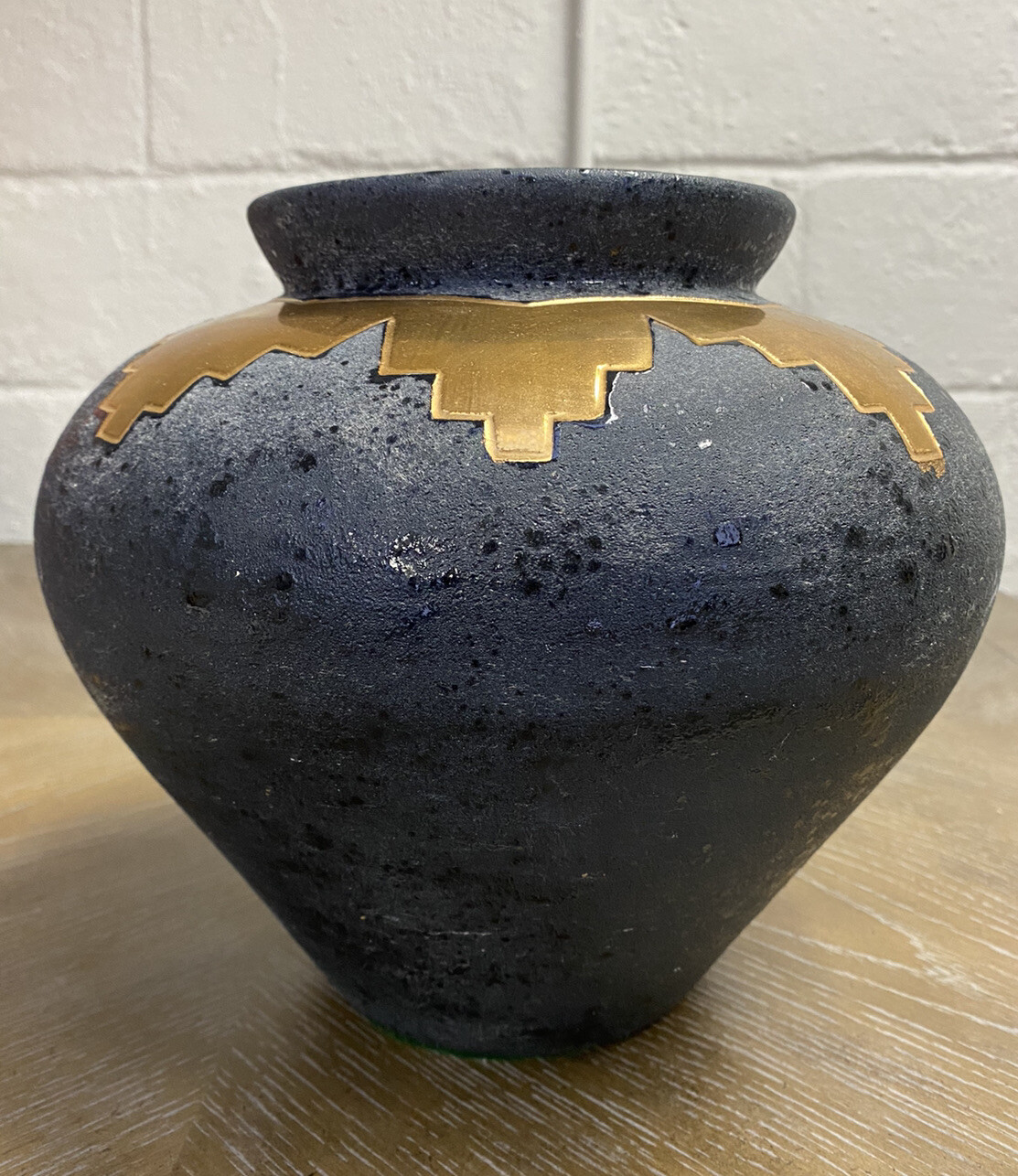 Vera Russell Pottery Vase Planter Southwestern 22k Gold Black Signed