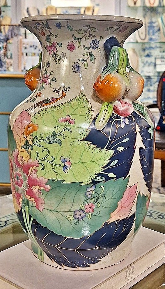 Colorful Chinoiserie Porcelain Jug Vase.Pomegranate Handles.Tobacco Leaf-8.5”H