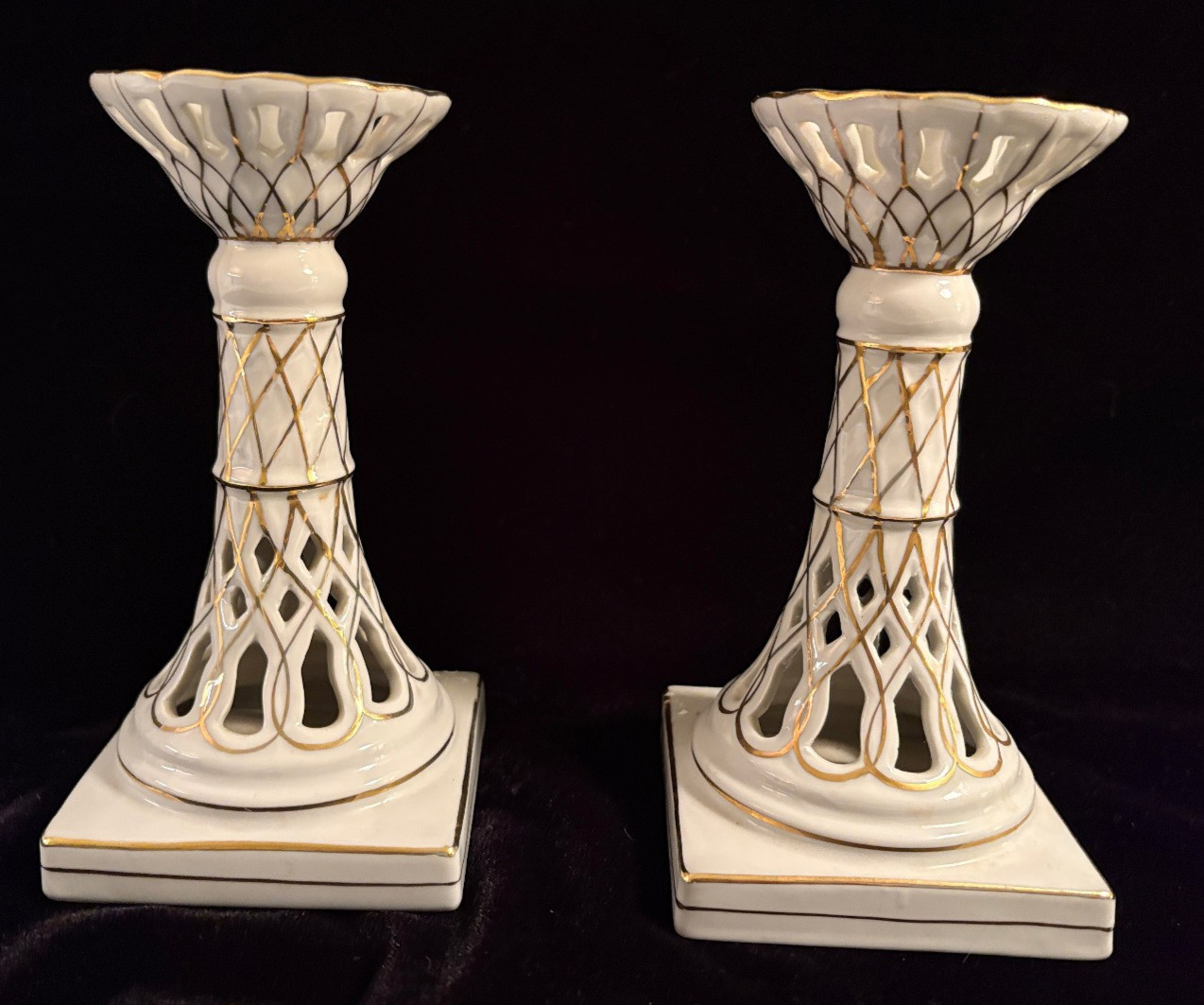 Pair Porcelain Candlesticks Gold Trim – Andrea by Sadek – Japan Handpainted