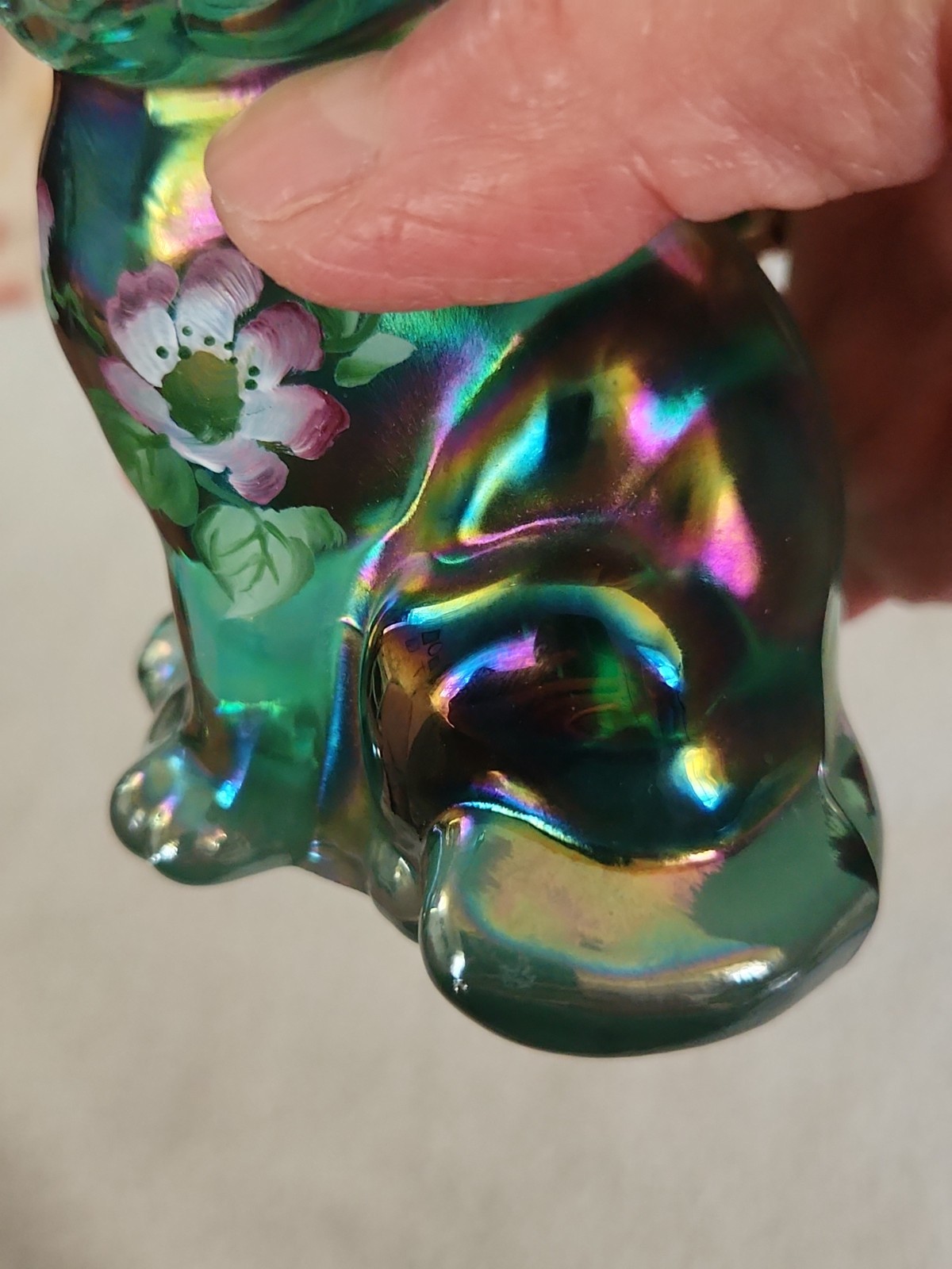 Purple Carnival Glass Fenton Cat Figurine Hand Painted With Sticker Stamped Logo