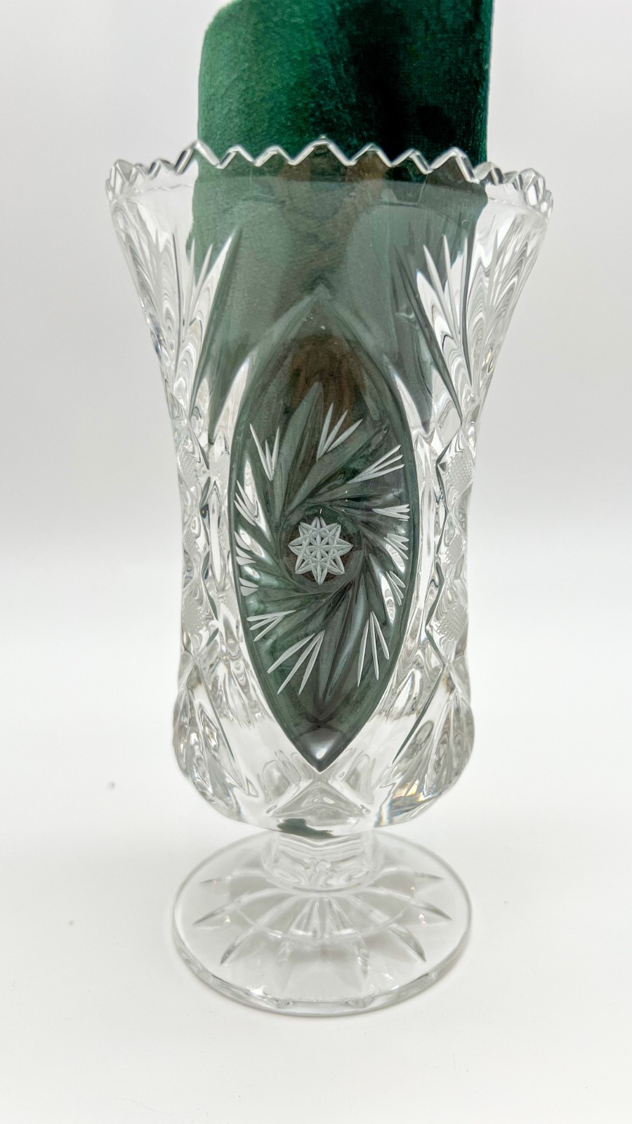 Polish Lead Crystal Footed Vase Cut Pinwheel Crosshatch Sawtooth 7″