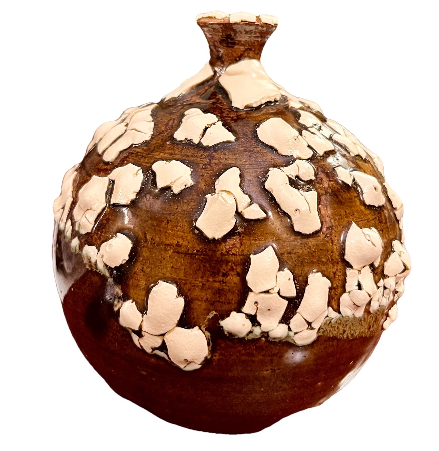 Fat Lava Style Vase Brown Cream Crackle Glaze 6” Studio Pottery MCM Style