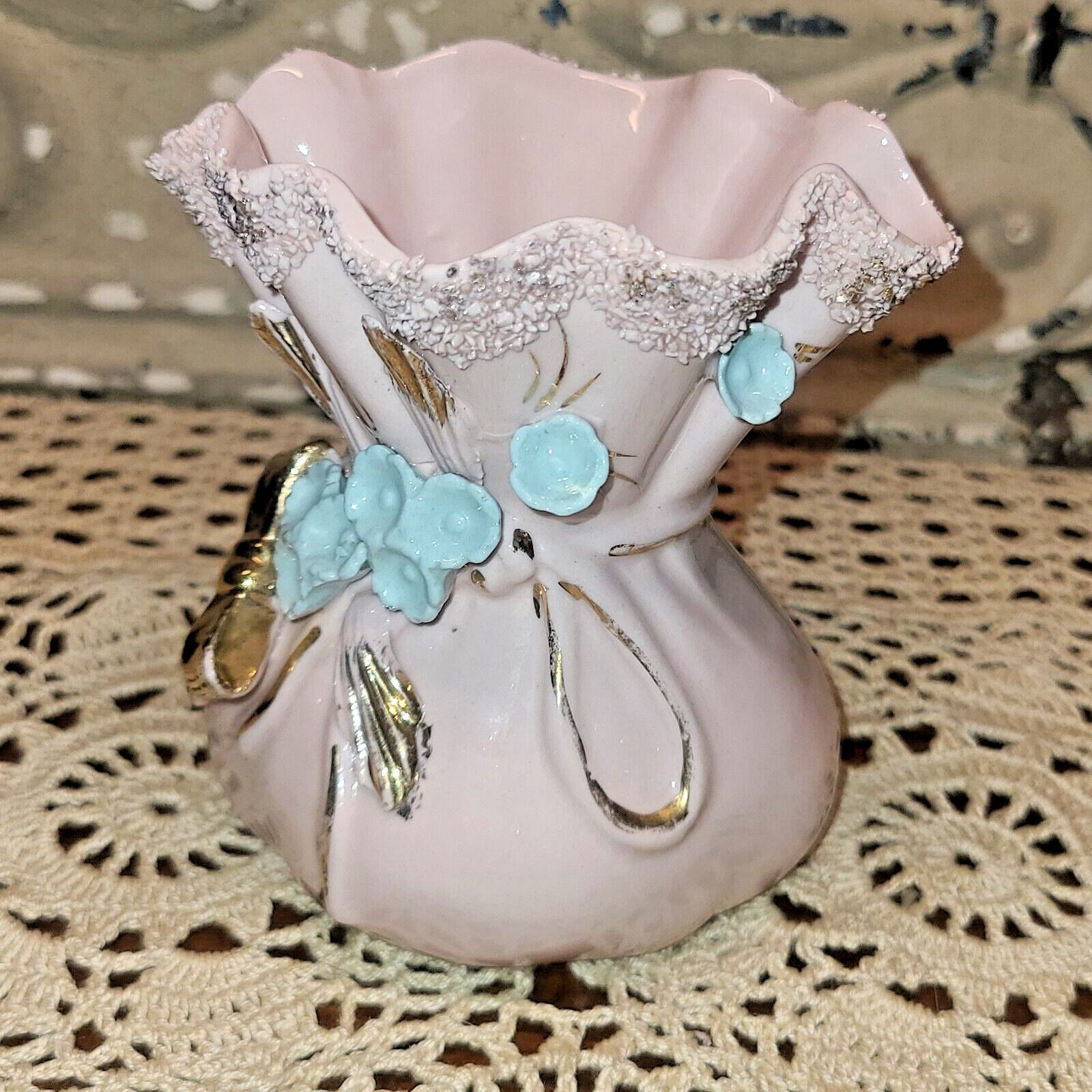 Vintage Hand Painted Drawstring Bag Lefton Vase #1H2242S Applied Flowers and Bow