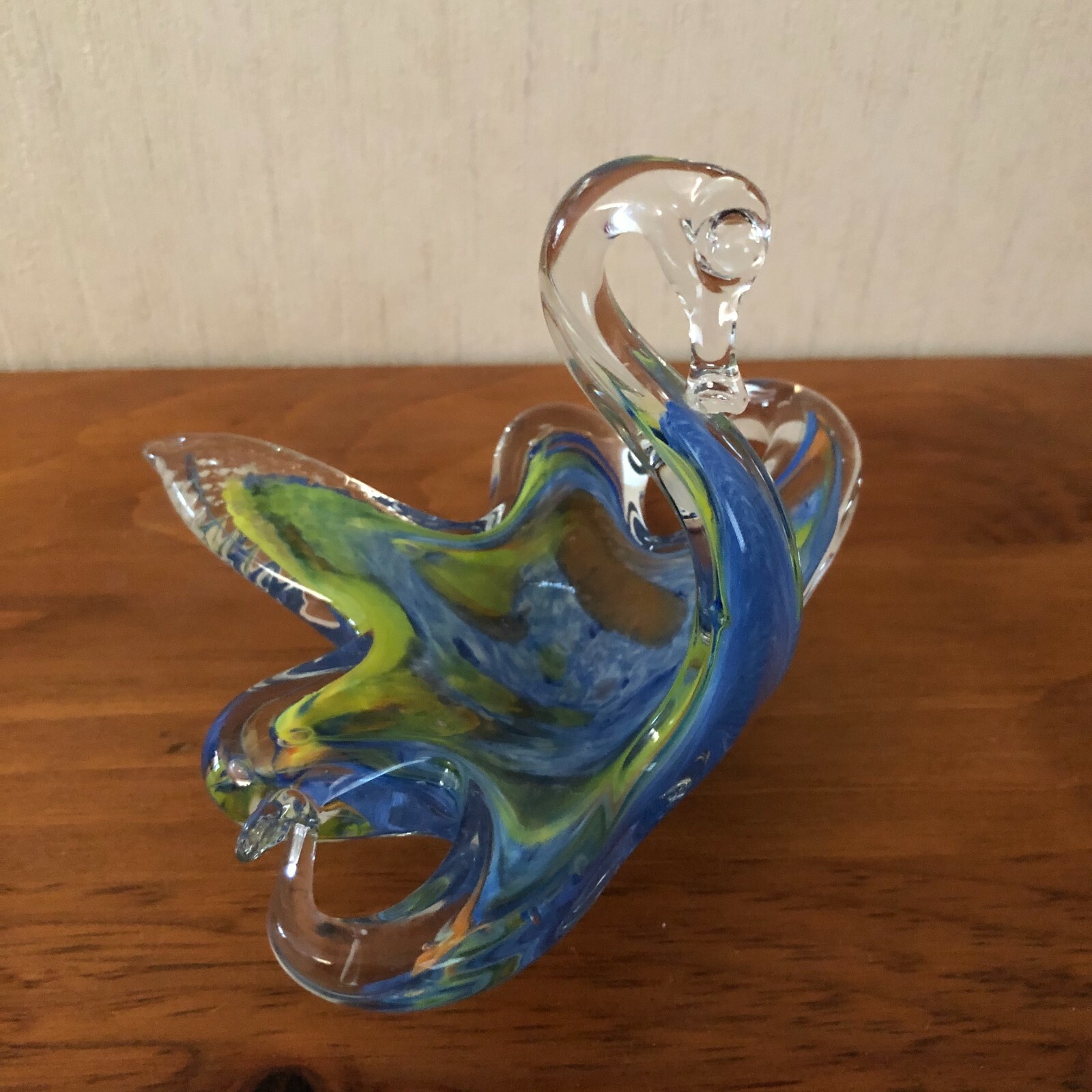 Art Glass Swan Figurine, Blue, Green and Orange Cased in Clear, 4 1/2 x 6 x 5″