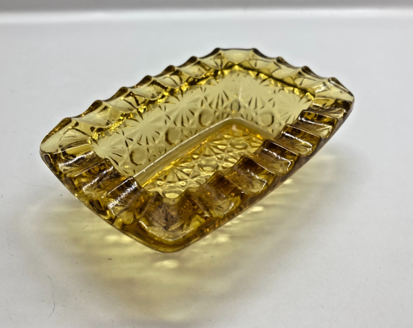 vintage amber glass daisy and button rectangular ashtray MCM unique
