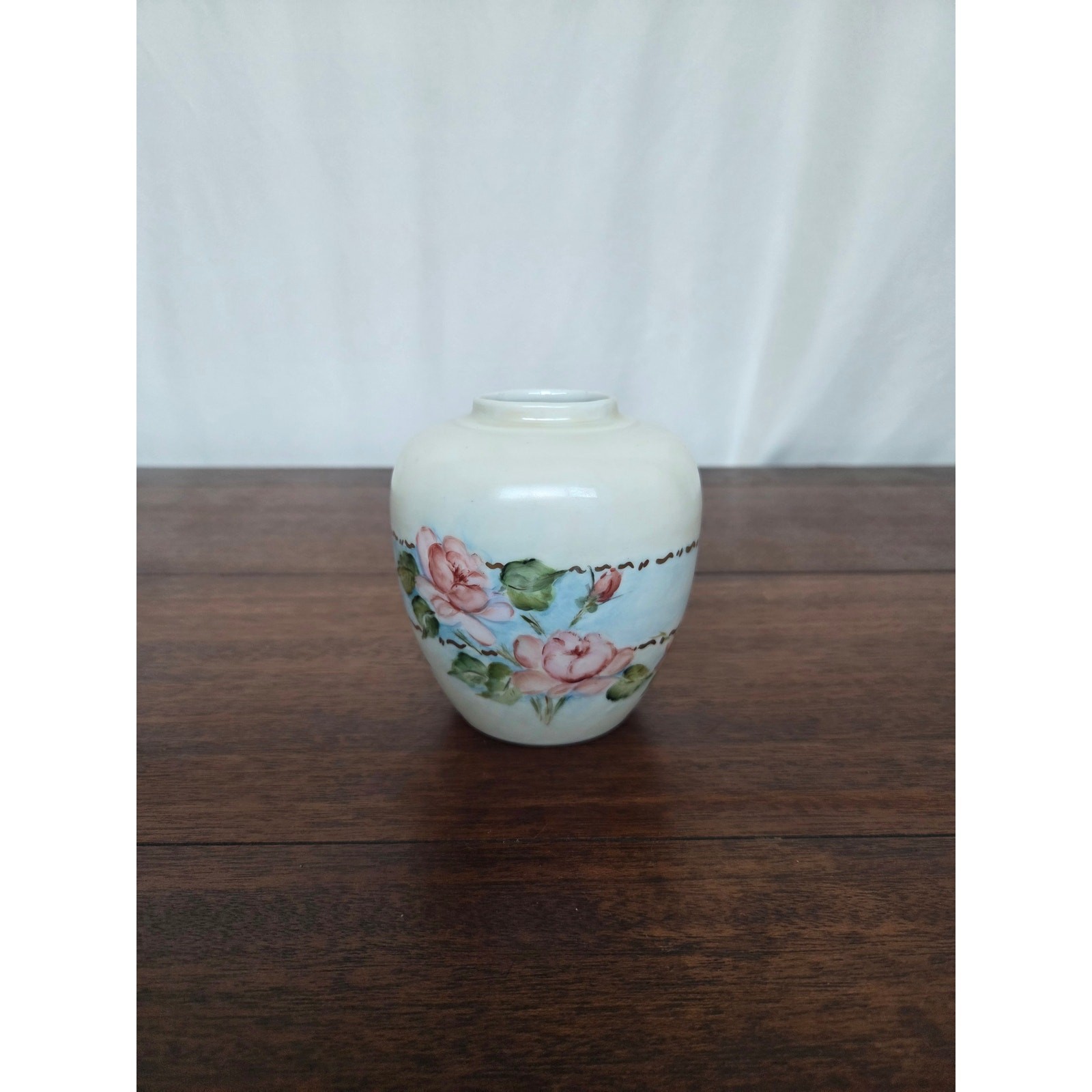 Hand Painted Porcelain Floral Vanity Jar Vase Pink Rose Victorian Romantic Decor