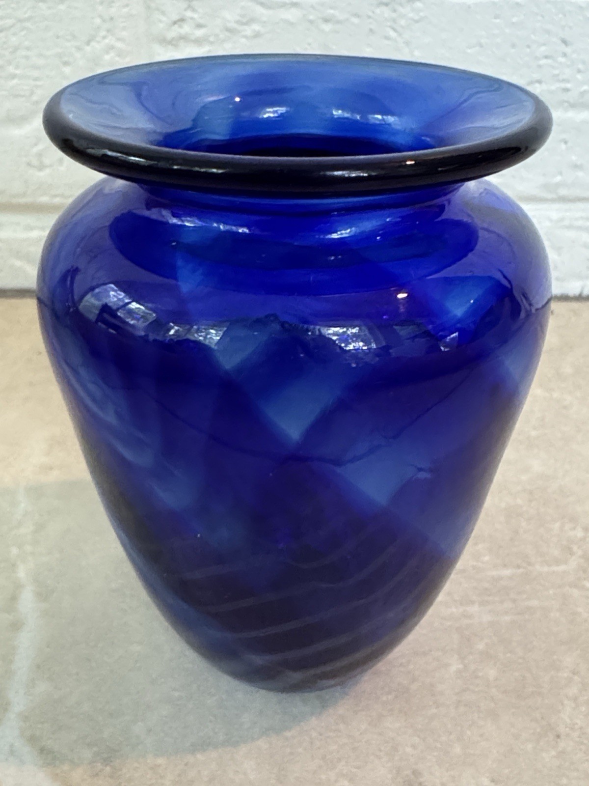 Seaview Art Glass Cobalt Blue with iridescent swirls Vase signed 4.5” tall