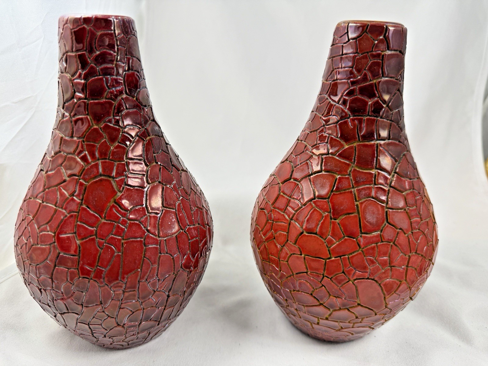 Zsolnay Pecs Hungary Red Gold Eosin Crackle Panel Reptile Skin Pair 2 Vase