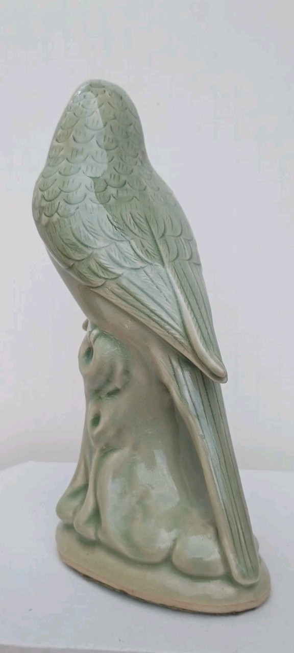 Vintage Pottery Celadon Porcelain Green Bird Parakeet 7.75” Figurine MCM