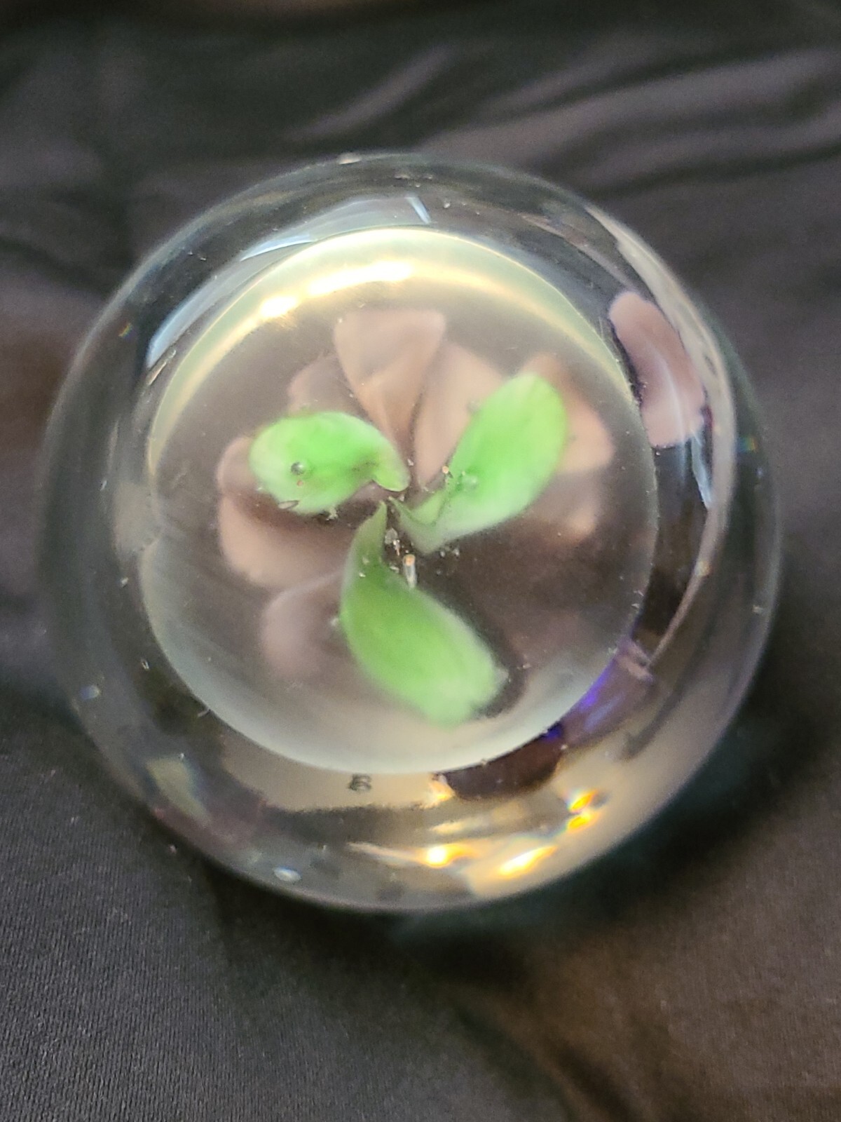 Large Vintage Art Glass Paperweight 3.25″ Purple Flower Butterflies