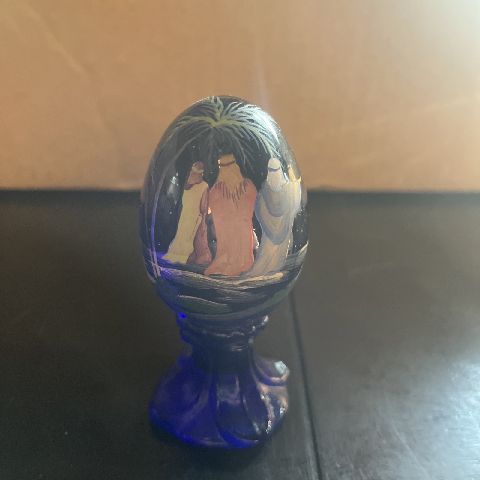 Fenton Glass Egg Cobalt Blue Three Wise Men 323/3000 Handpainted Signed