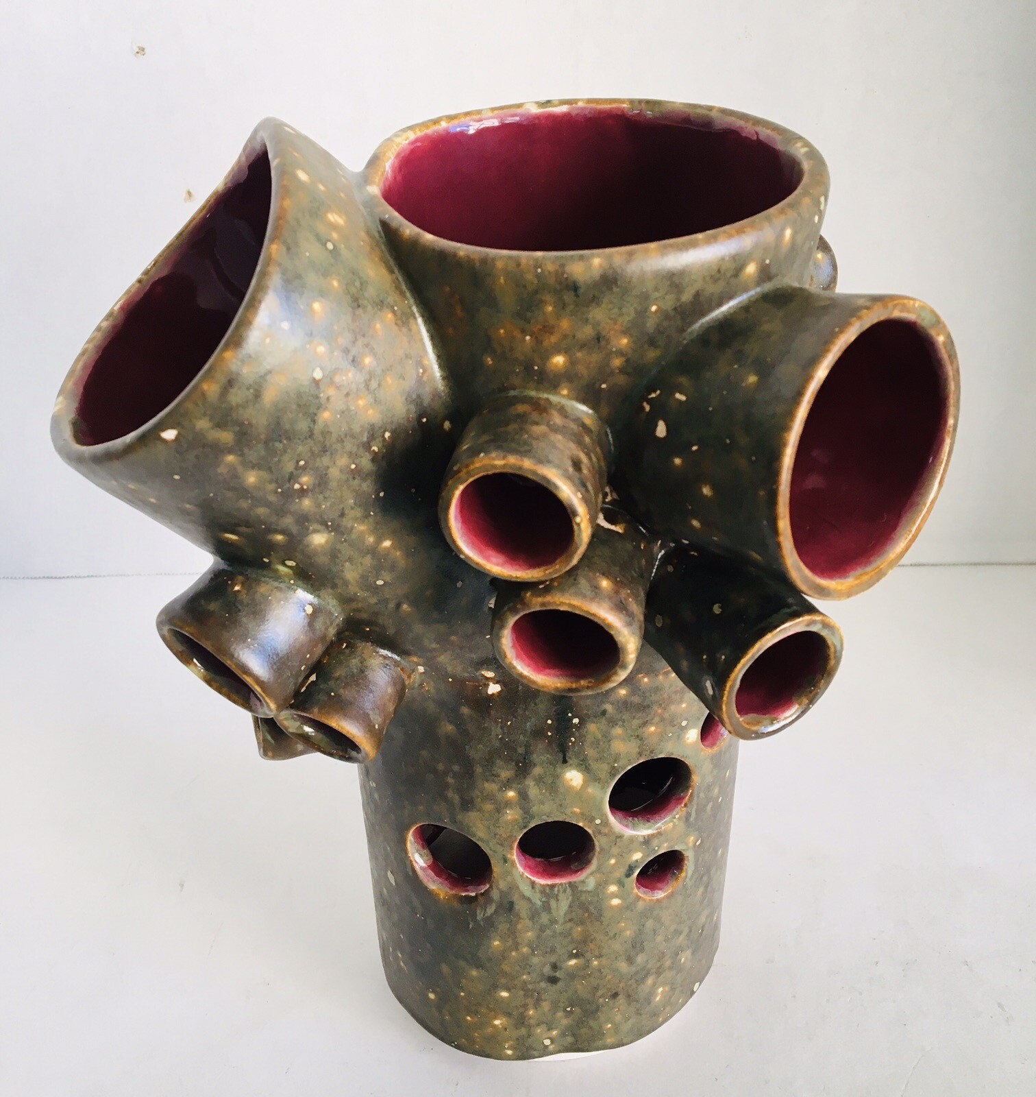 Ceramic Sculpture Green Matte Glaze Signed By Artist KK Approx. 11″