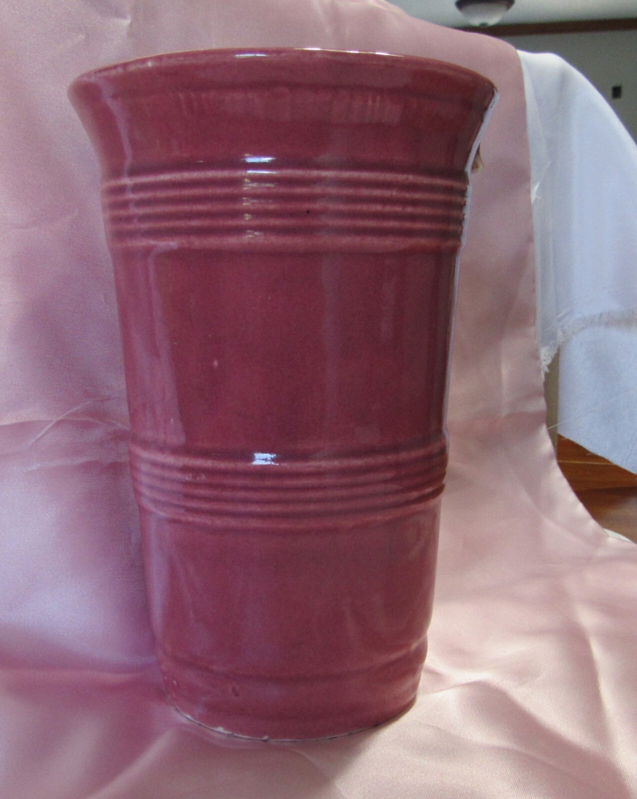 Art Deco Art Pottery 8 Inch Maroon Dusty Rose Banded Rib Vase A1870