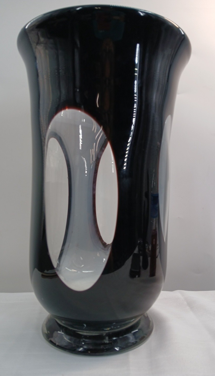 Black & White Murano Style Thick Glass Vase 11.75 Inches Tall Oval Window Pane